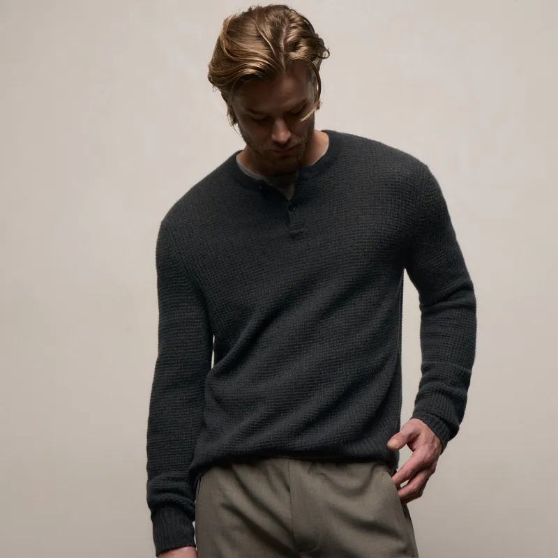 Soft Featherweight Cashmere Waffle Henley - Coal sold by James Perse