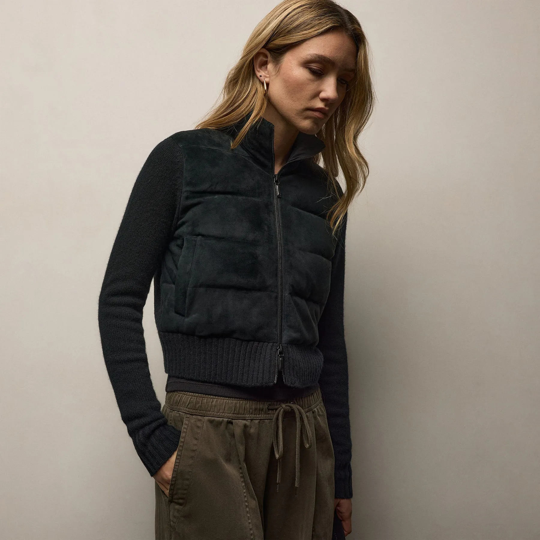 Quilted Suede Mixed Media Jacket - Black sold by James Perse