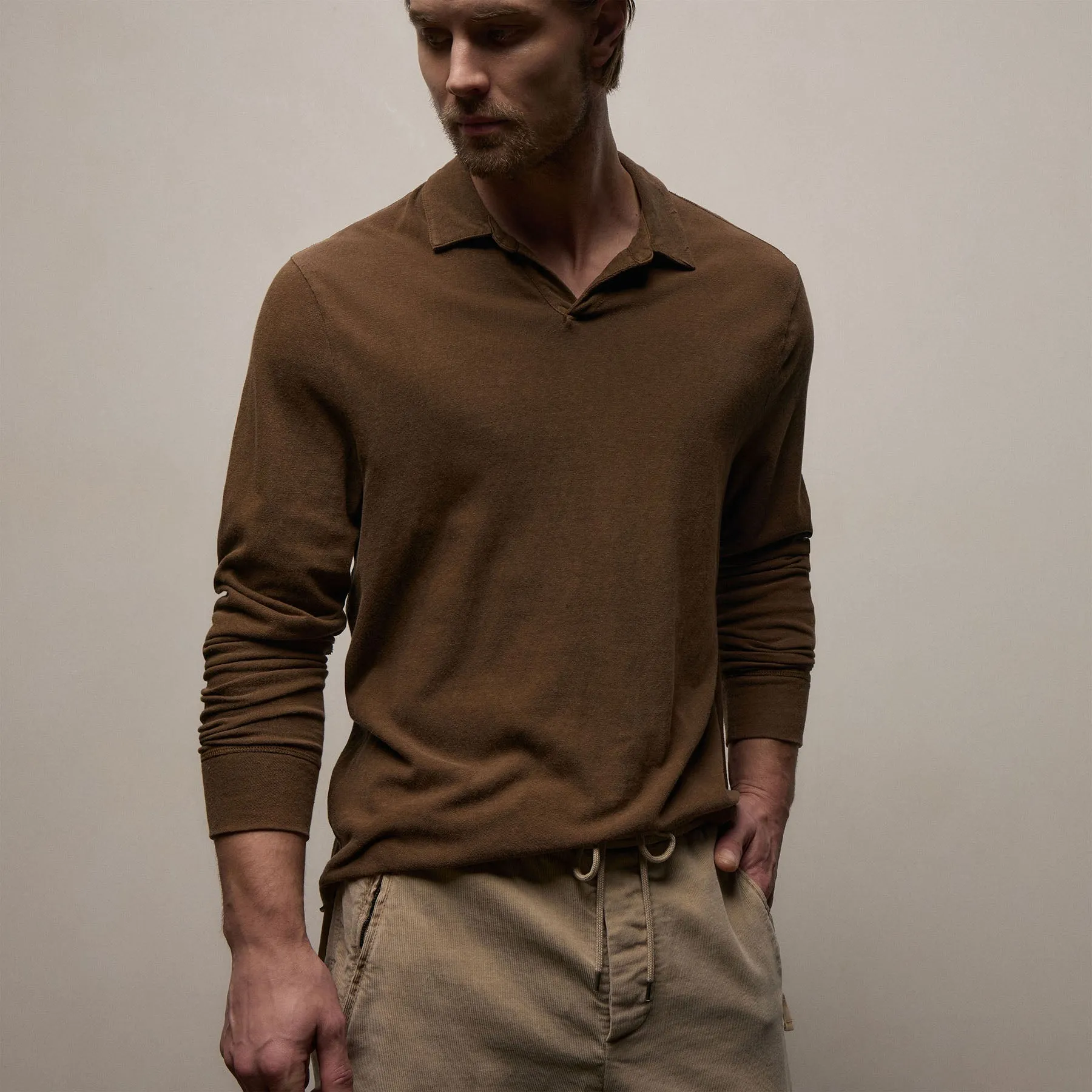 Slub Jersey Long Sleeve Open Polo - Gingerbread Pigment sold by James Perse product image thumbnail 4