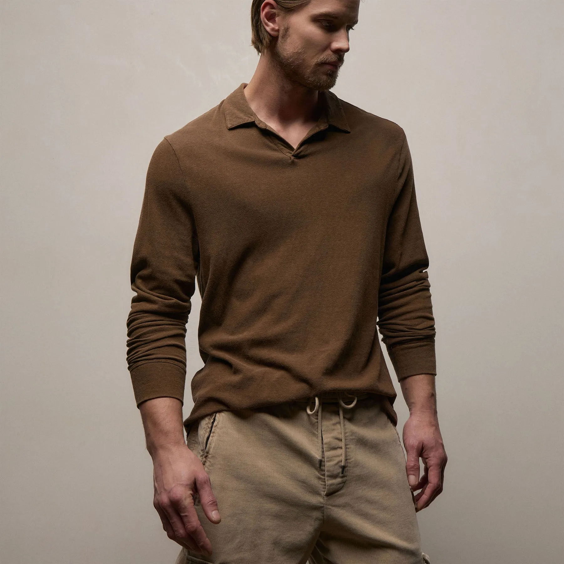 Slub Jersey Long Sleeve Open Polo - Gingerbread Pigment sold by James Perse