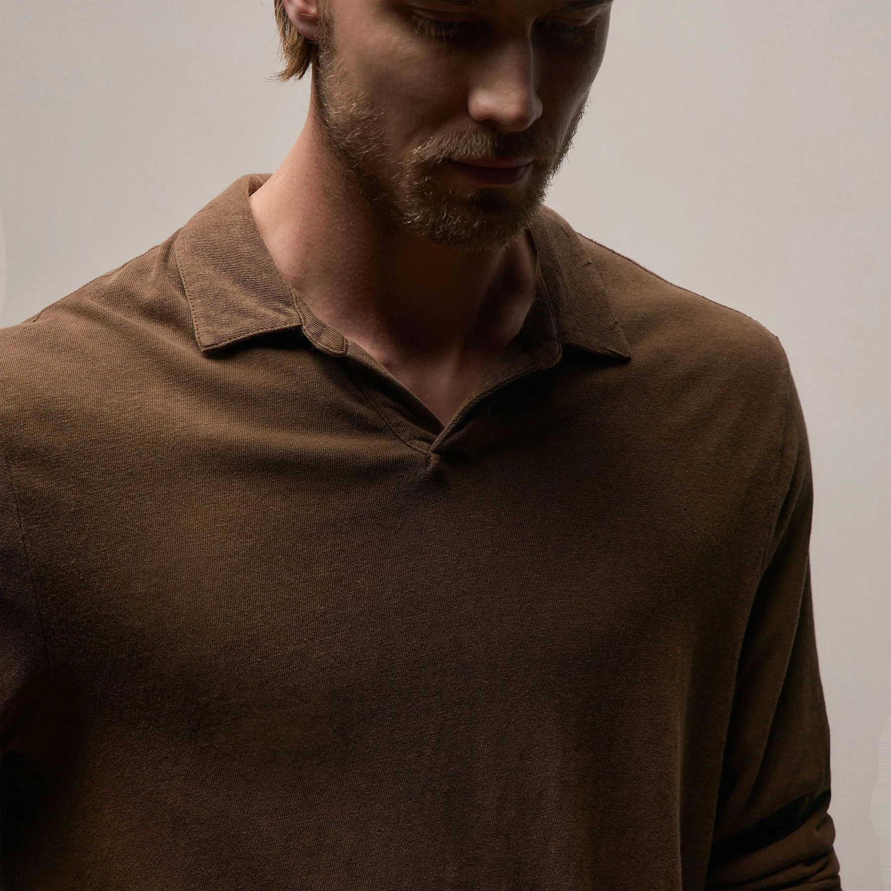 Slub Jersey Long Sleeve Open Polo - Gingerbread Pigment sold by James Perse product image thumbnail 3