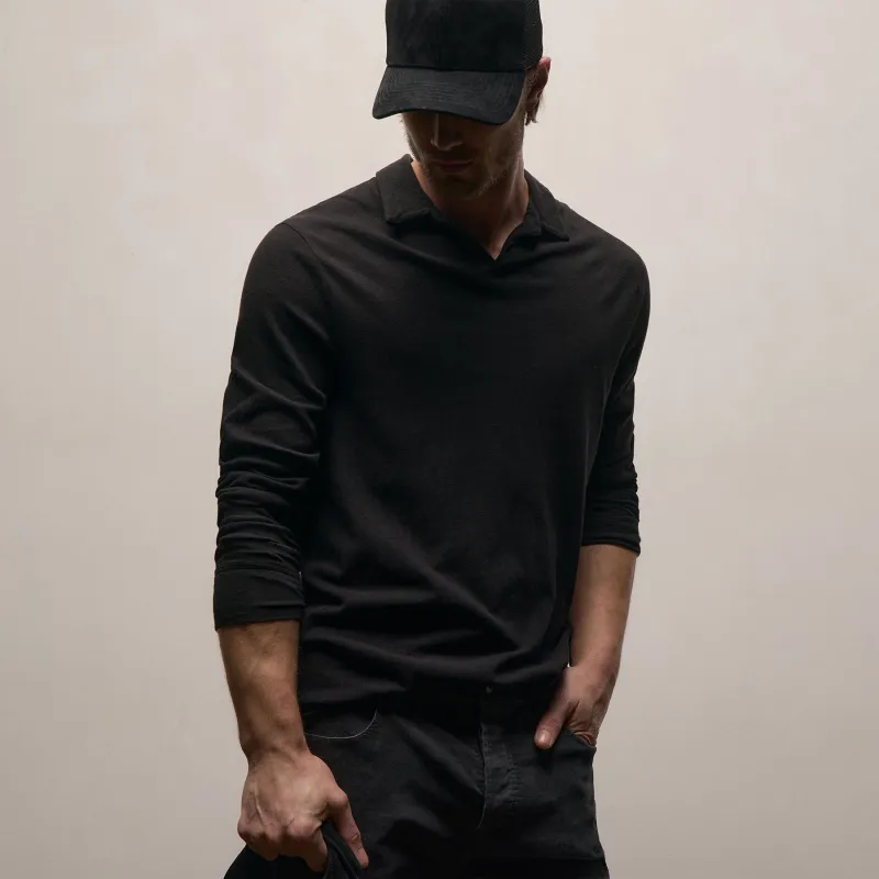 Slub Jersey Long Sleeve Open Polo - Black sold by James Perse