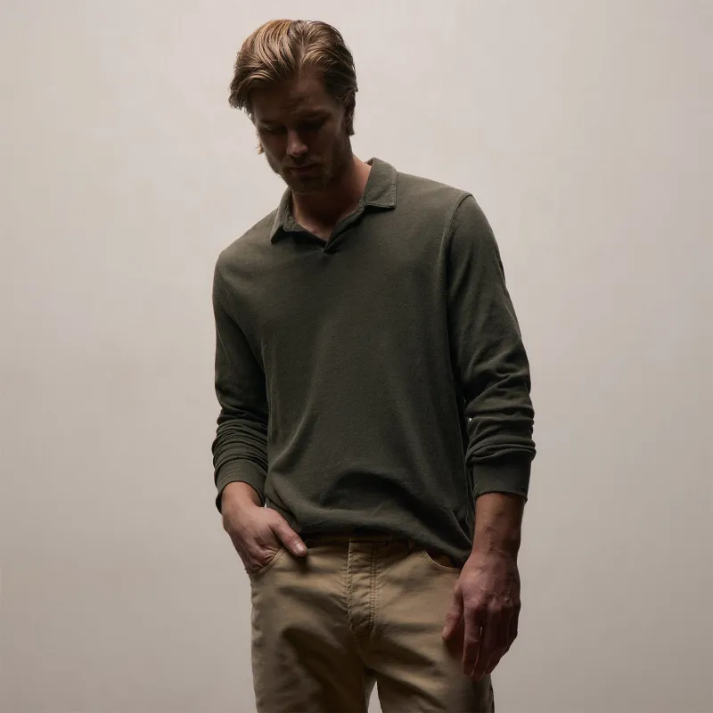 Slub Jersey Long Sleeve Open Polo - Army Green Pigment sold by James Perse