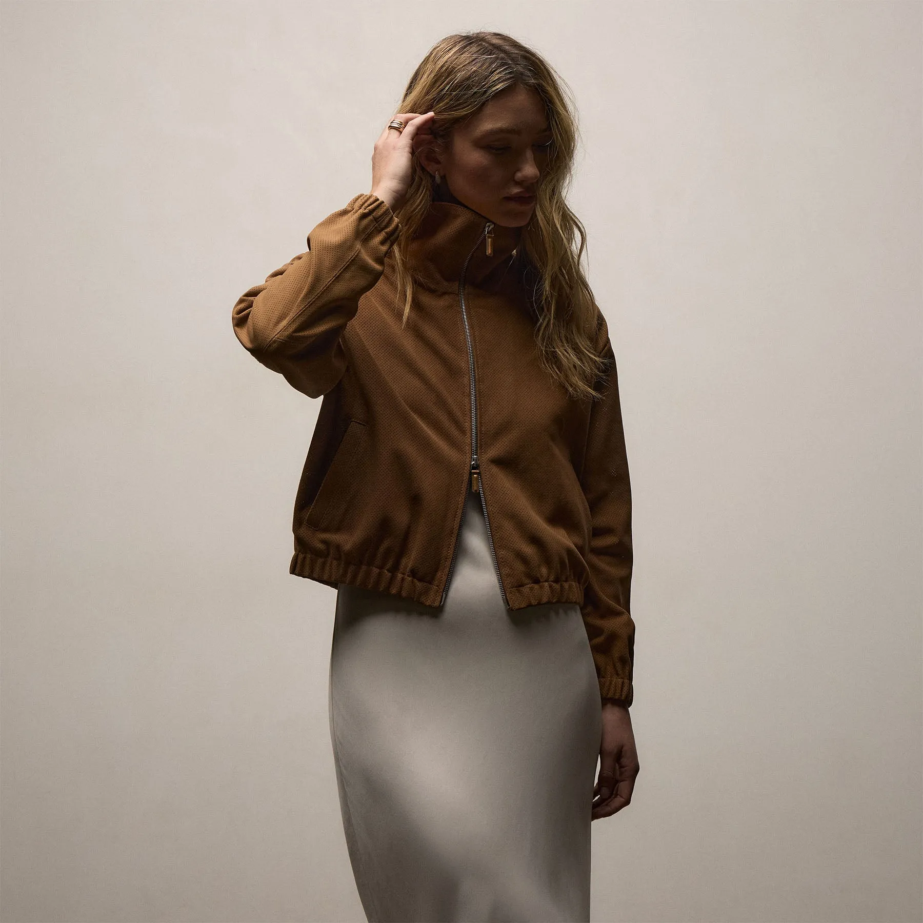 Perforated Suede Blouson Jacket - Gingerbread sold by James Perse