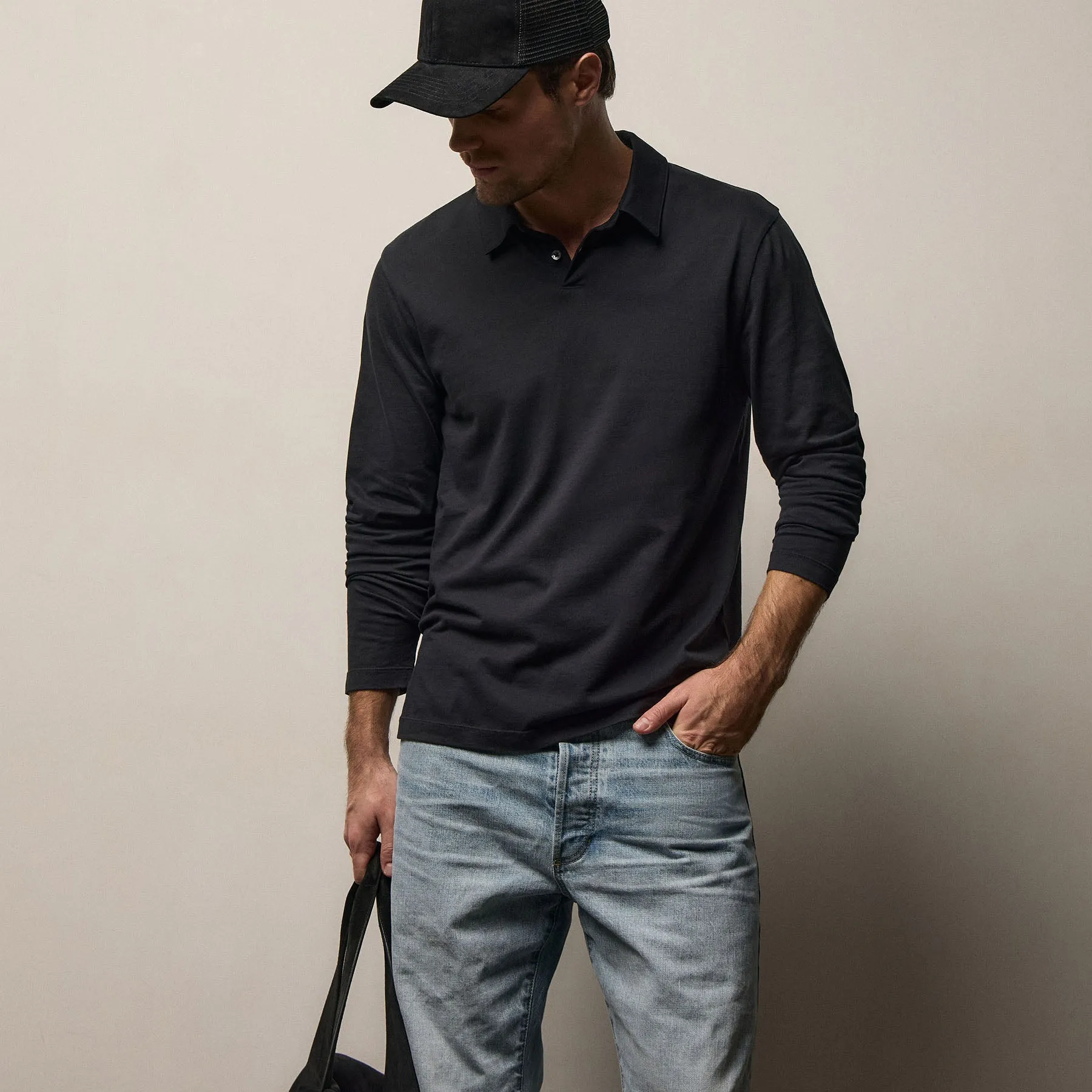 Brushed Lotus Long Sleeve Polo - Black sold by James Perse product image thumbnail 4