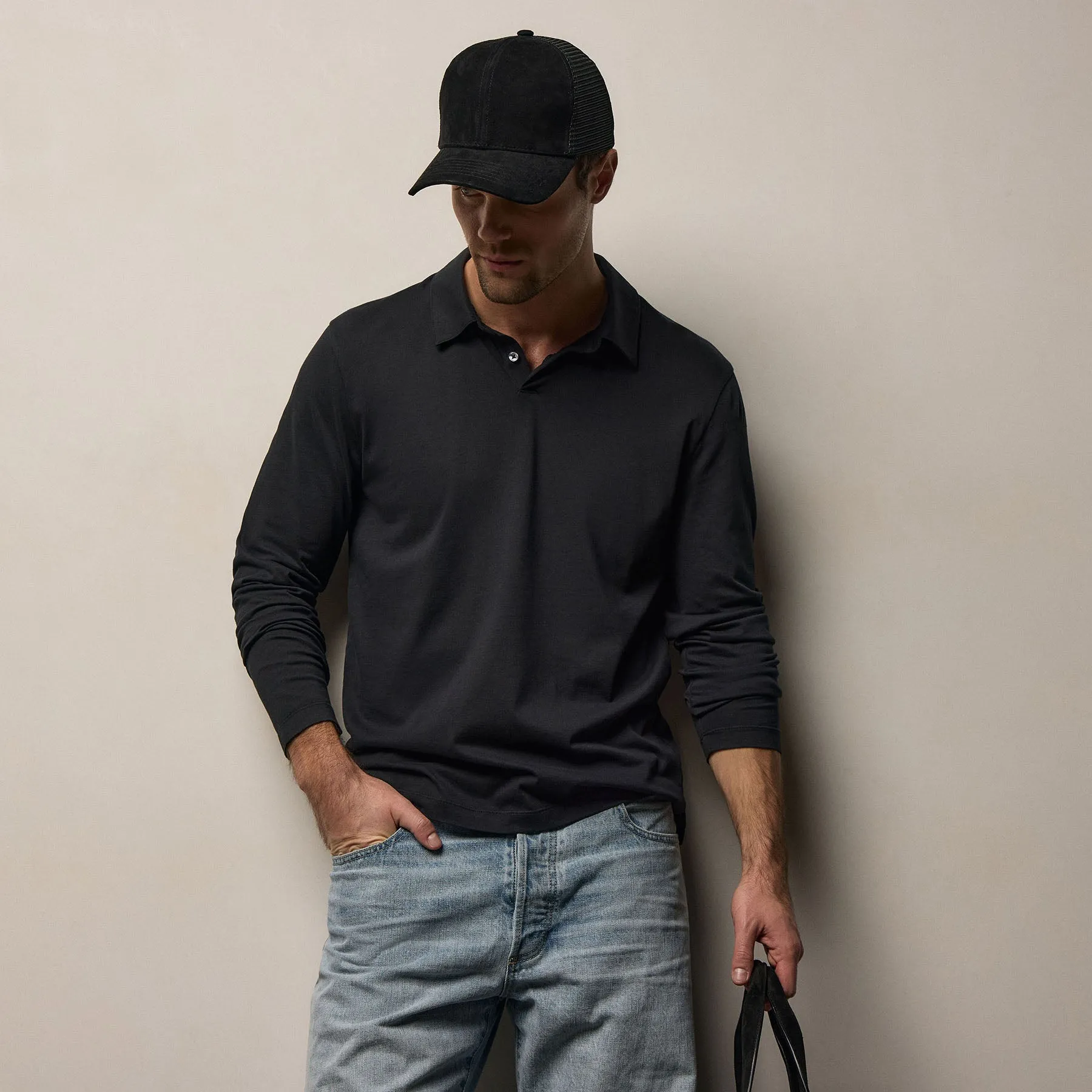 Brushed Lotus Long Sleeve Polo - Black sold by James Perse product image thumbnail 5