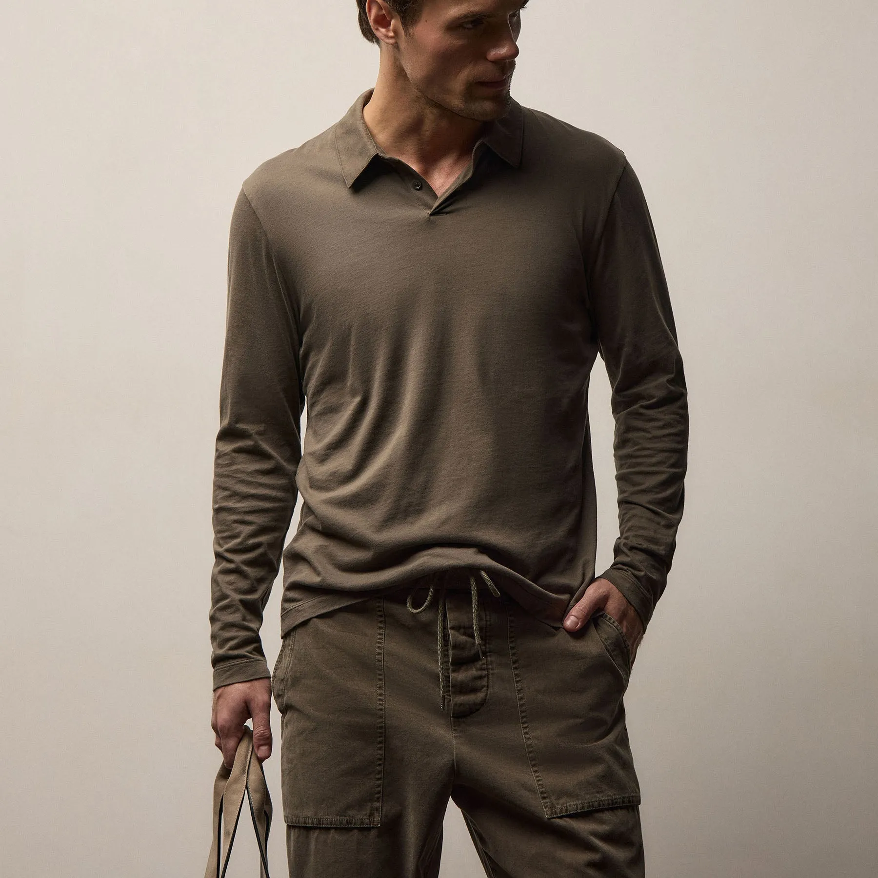 Brushed Lotus Long Sleeve Polo - Army Green sold by James Perse product image thumbnail 3