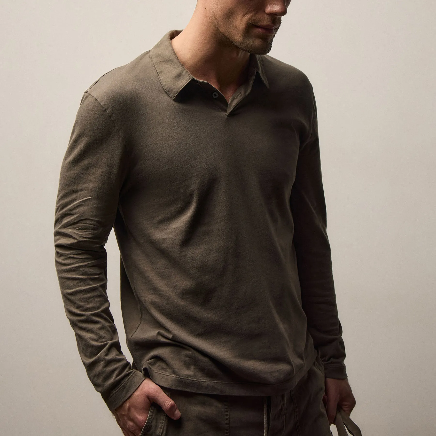 Brushed Lotus Long Sleeve Polo - Army Green sold by James Perse