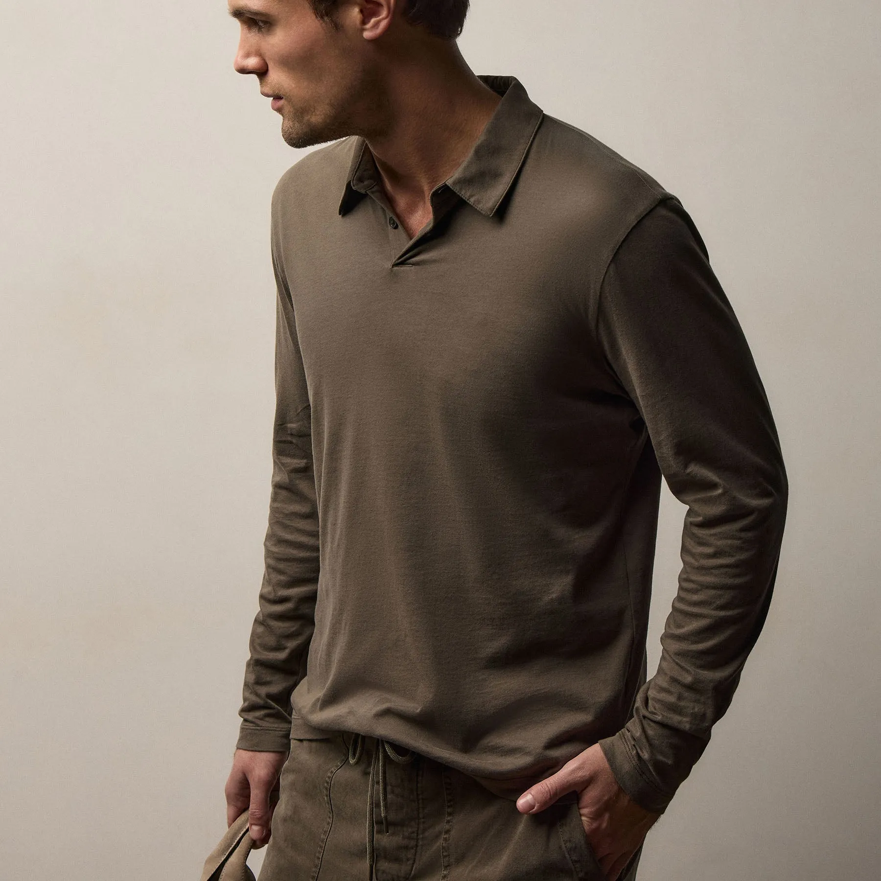 Brushed Lotus Long Sleeve Polo - Army Green sold by James Perse product image thumbnail 5