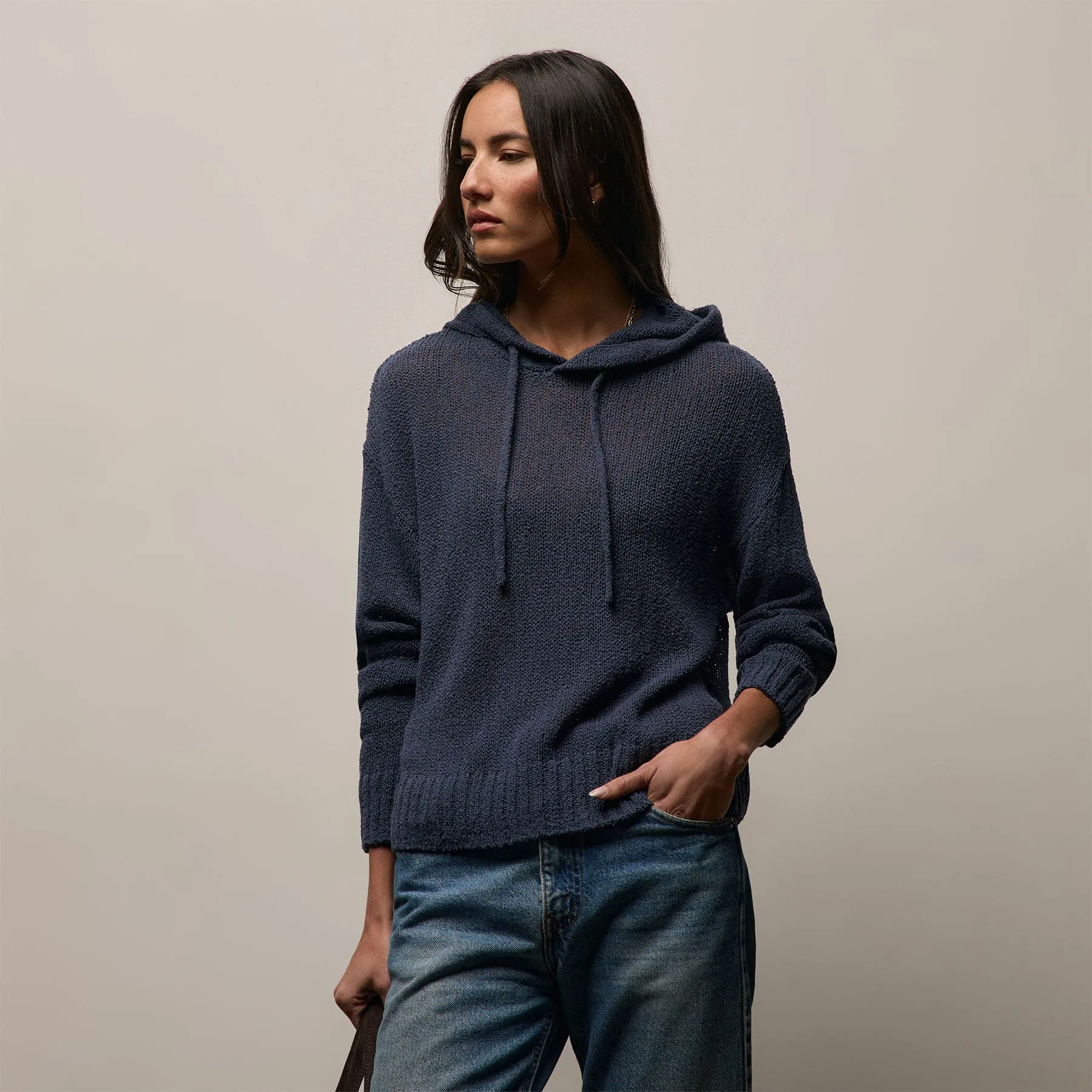 East Cape Silk Linen Hooded Sweater - Navy sold by James Perse