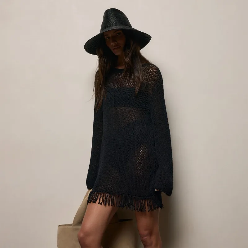 Baja Fringe Cotton Linen Tunic - Black made by James Perse