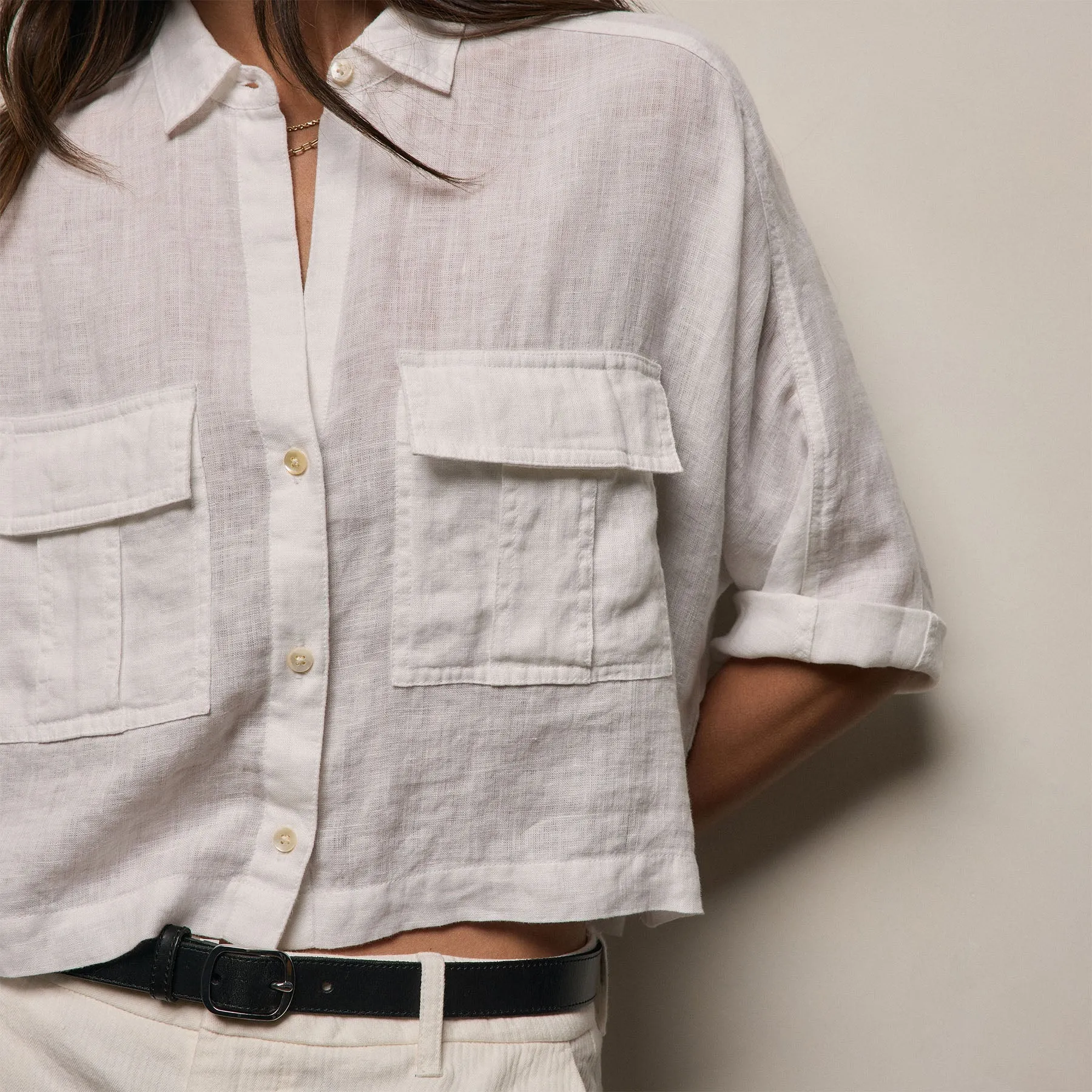 Linen Cropped Pocket Shirt - White sold by James Perse product image thumbnail 2