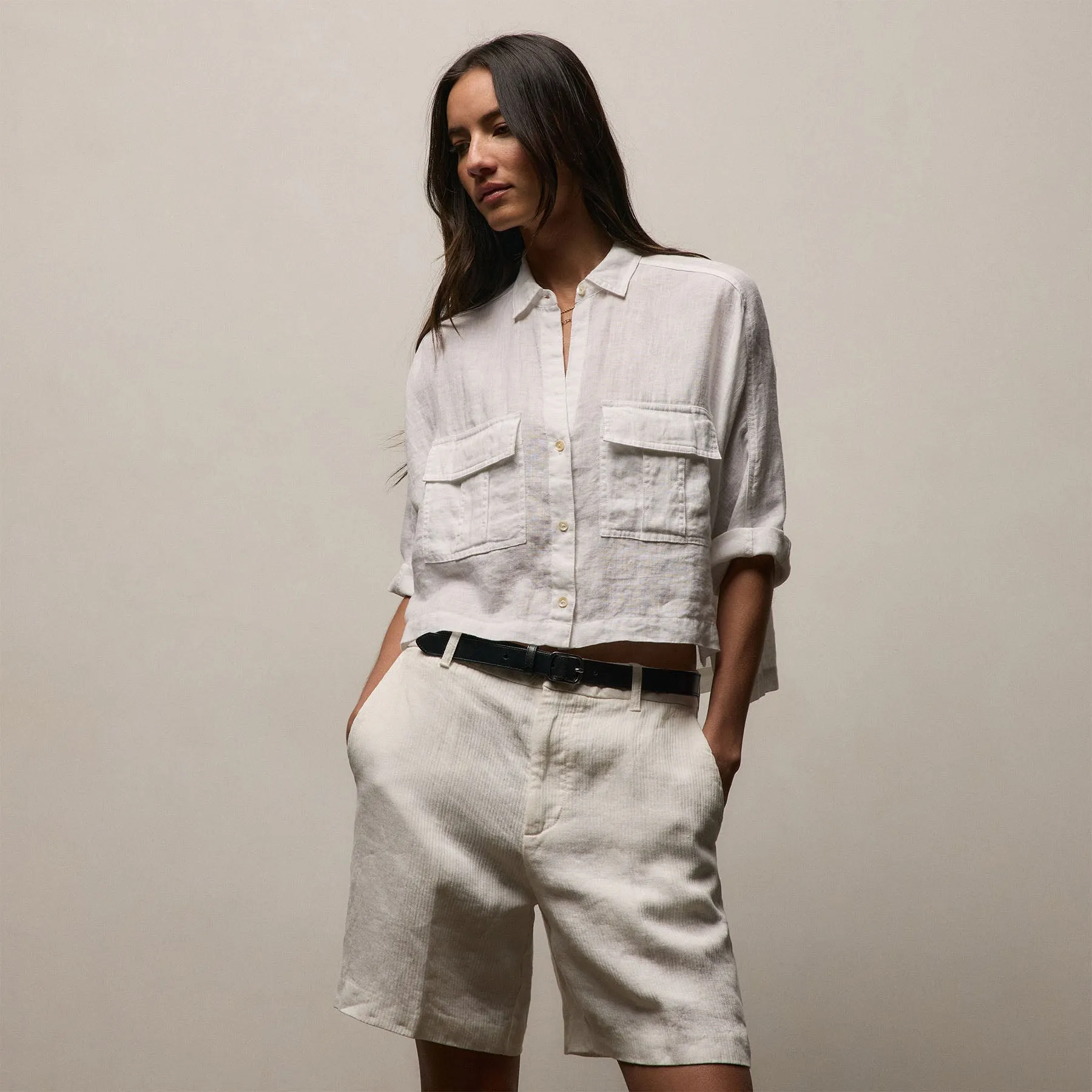 Linen Cropped Pocket Shirt - White sold by James Perse product image thumbnail 3