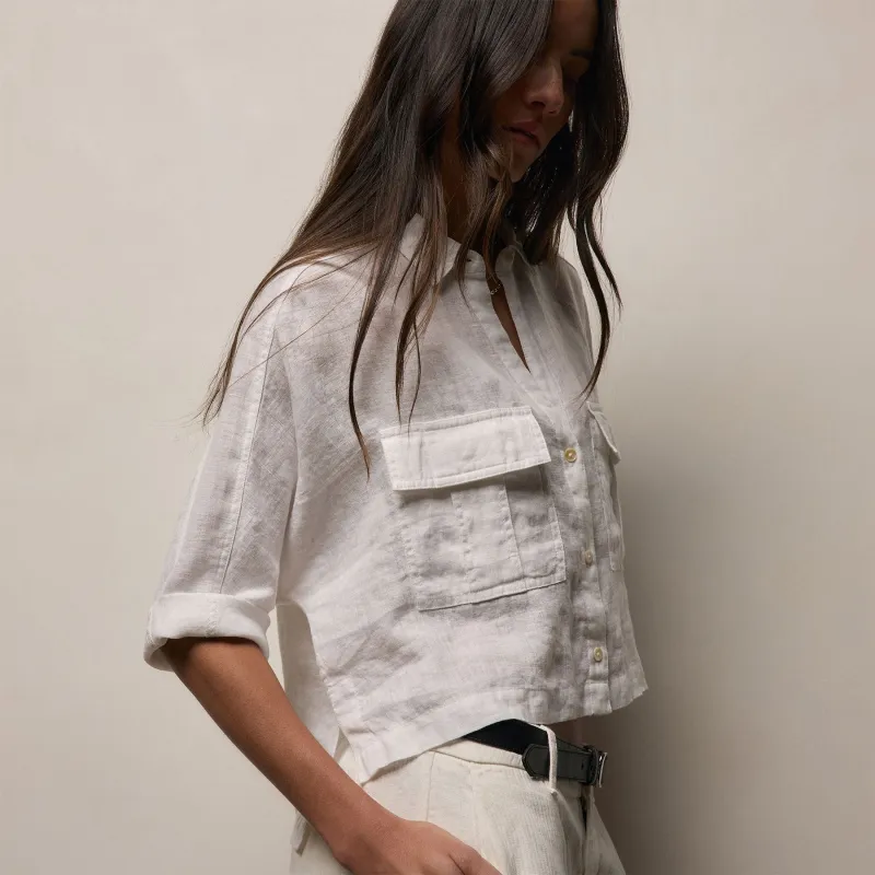 Linen Cropped Pocket Shirt - White sold by James Perse