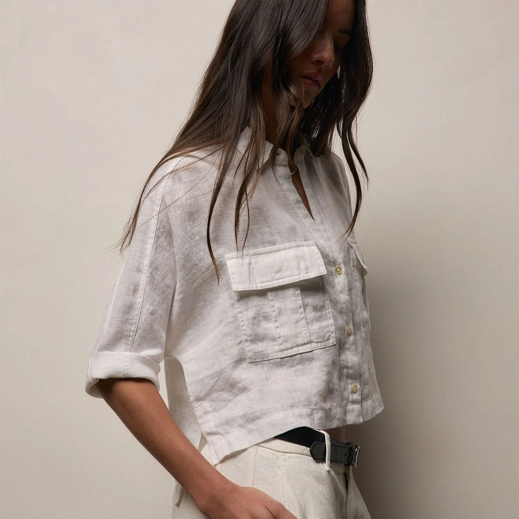 Linen Cropped Pocket Shirt - White sold by James Perse