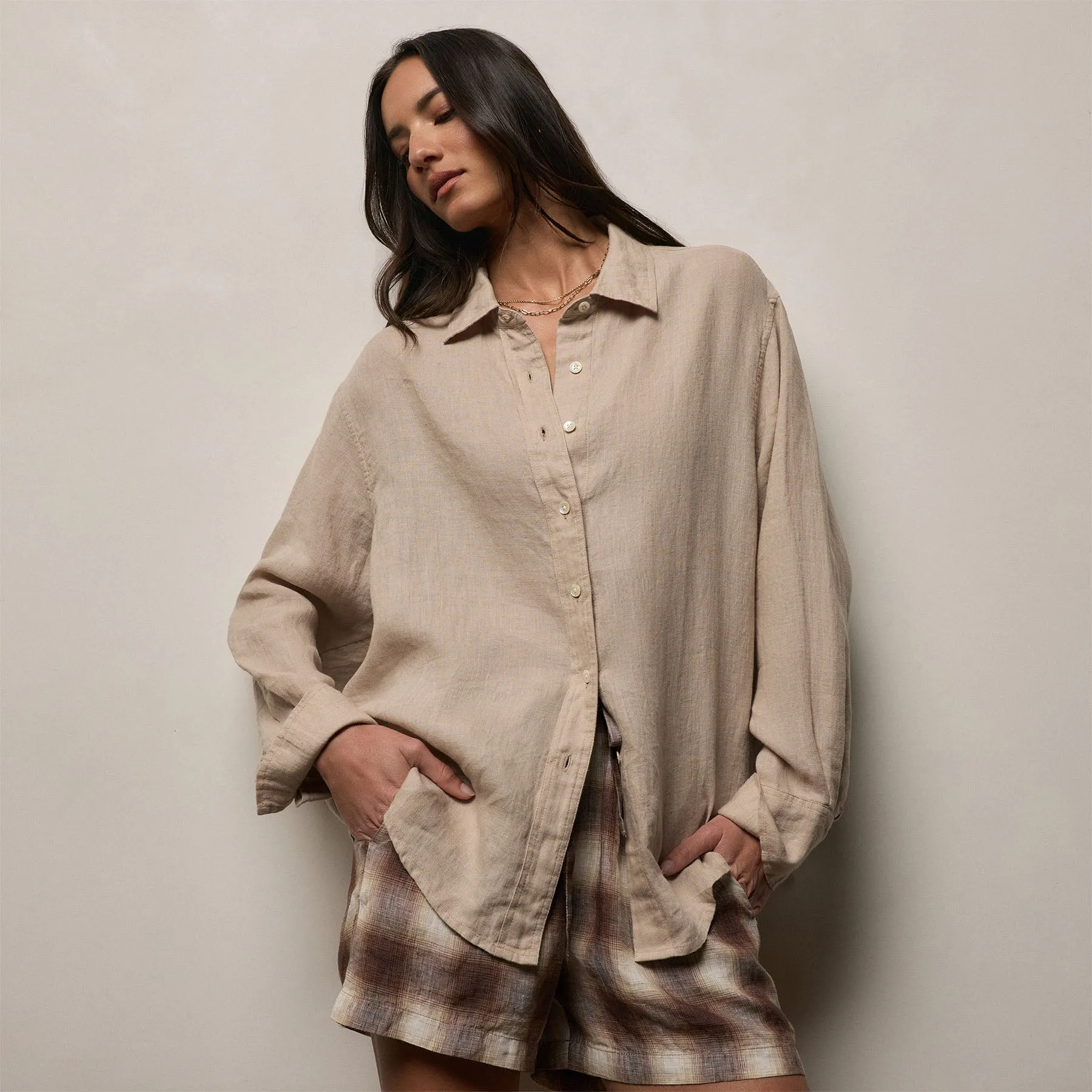Linen Oversized Shirt - Stone sold by James Perse
