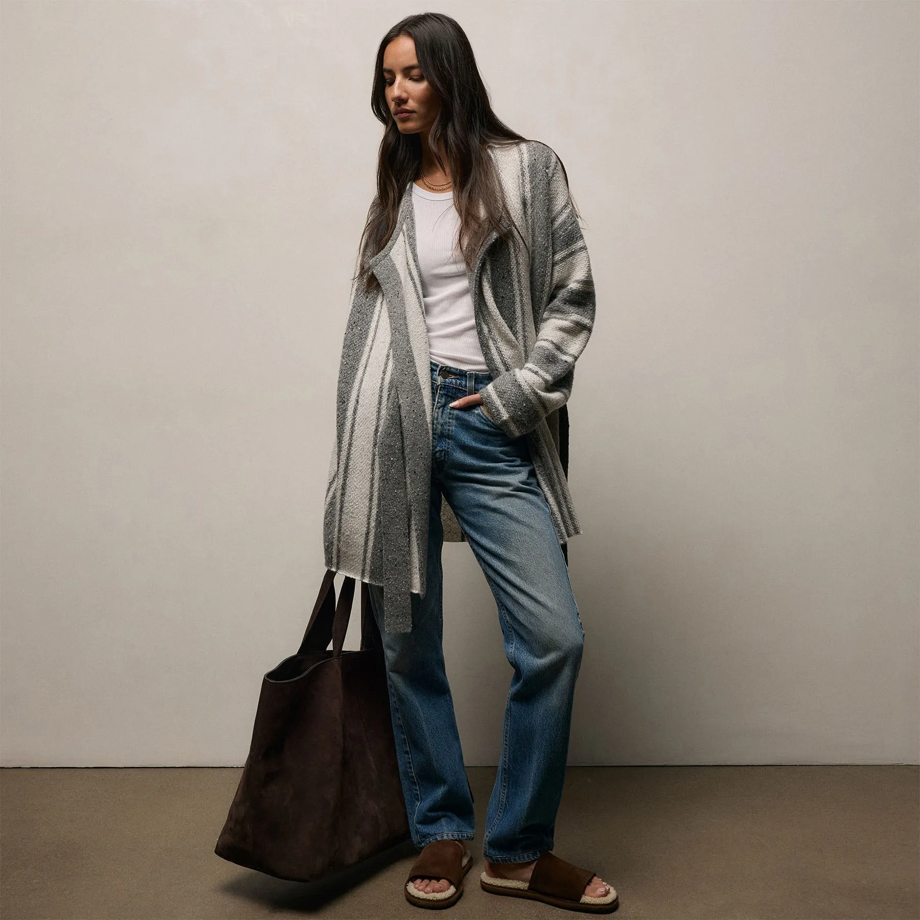 Baja Stripe Cashmere Cardigan - Heather Grey/Pearl sold by James Perse product image thumbnail 3