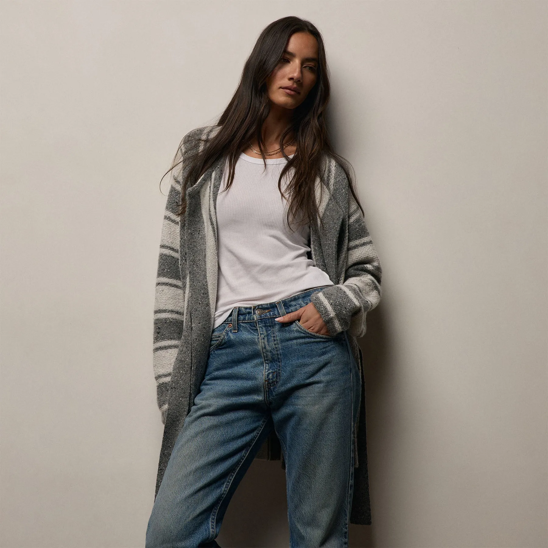Baja Stripe Cashmere Cardigan - Heather Grey/Pearl sold by James Perse product image thumbnail 2