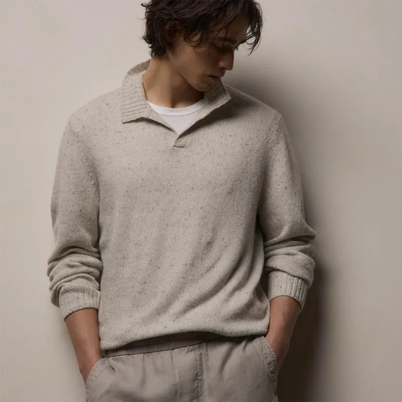 Marled Cashmere Linen Long Sleeve Open Polo - Pearl sold by James Perse