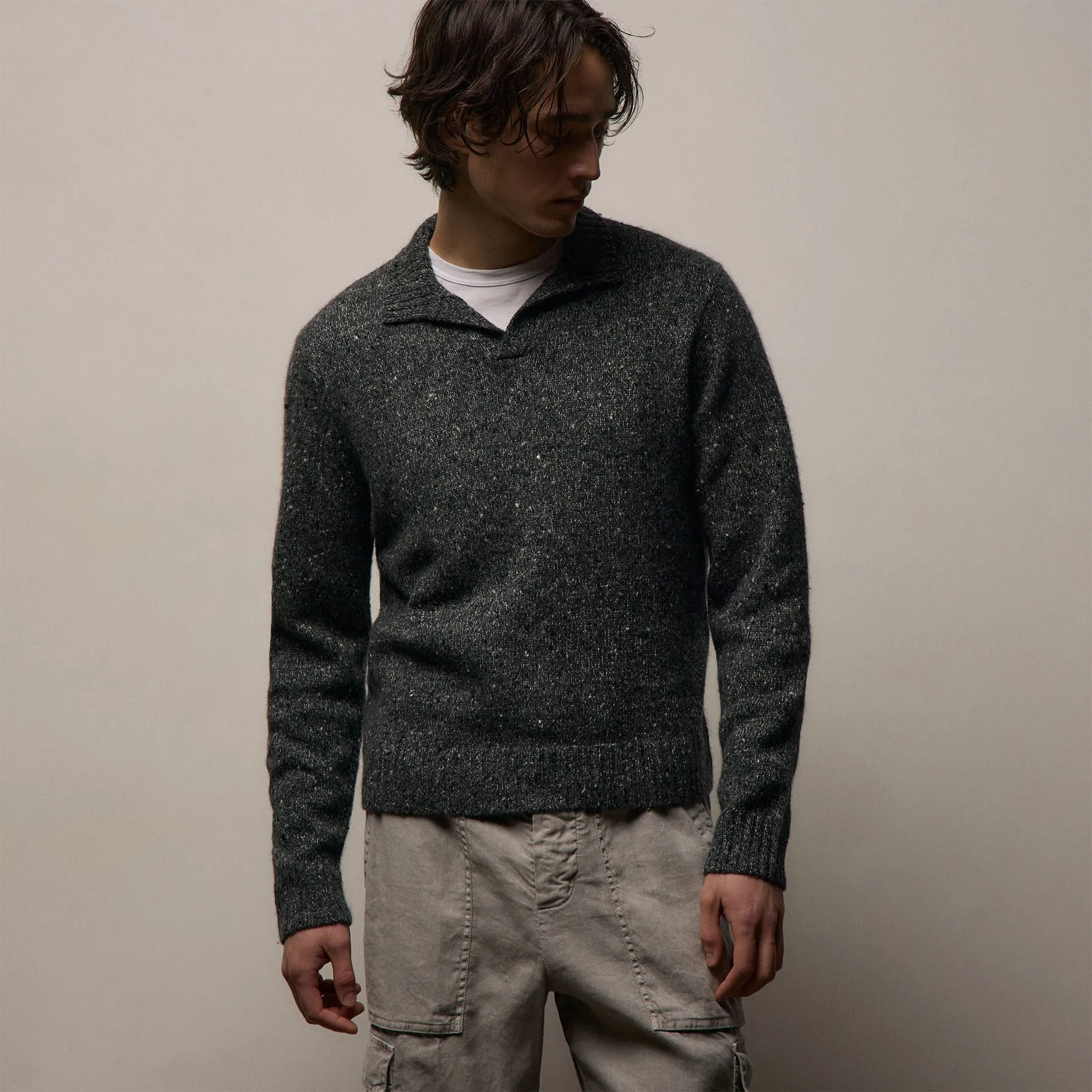 Marled Cashmere Linen Long Sleeve Open Polo - Charcoal sold by James Perse product image thumbnail 4