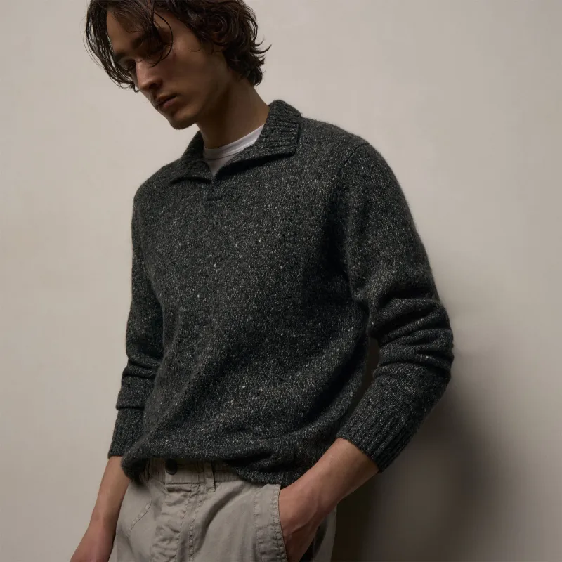 Marled Cashmere Linen Long Sleeve Open Polo - Charcoal sold by James Perse
