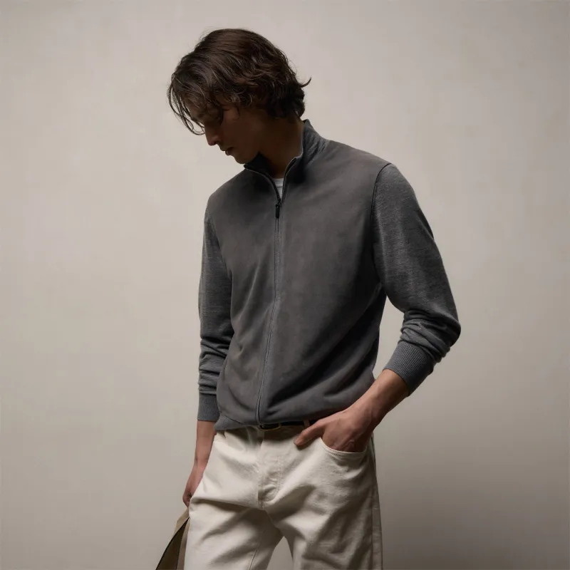 Ultrafine Cashmere Suede Front Zip Cardigan - Heather Grey sold by James Perse