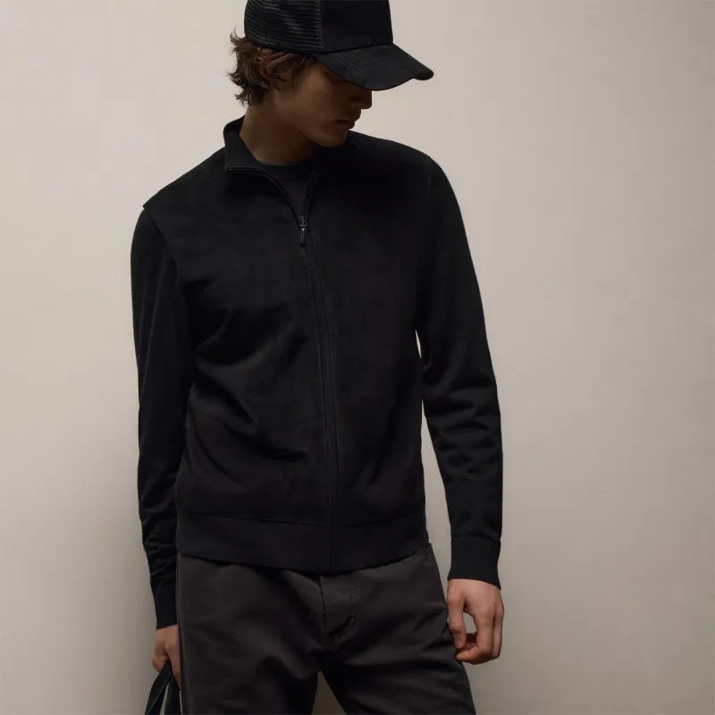 Ultrafine Cashmere Suede Front Zip Cardigan - Black sold by James Perse