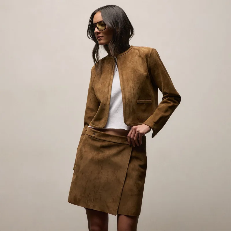 Wrap Front Suede Mini Skirt - Tabacco sold by James Perse