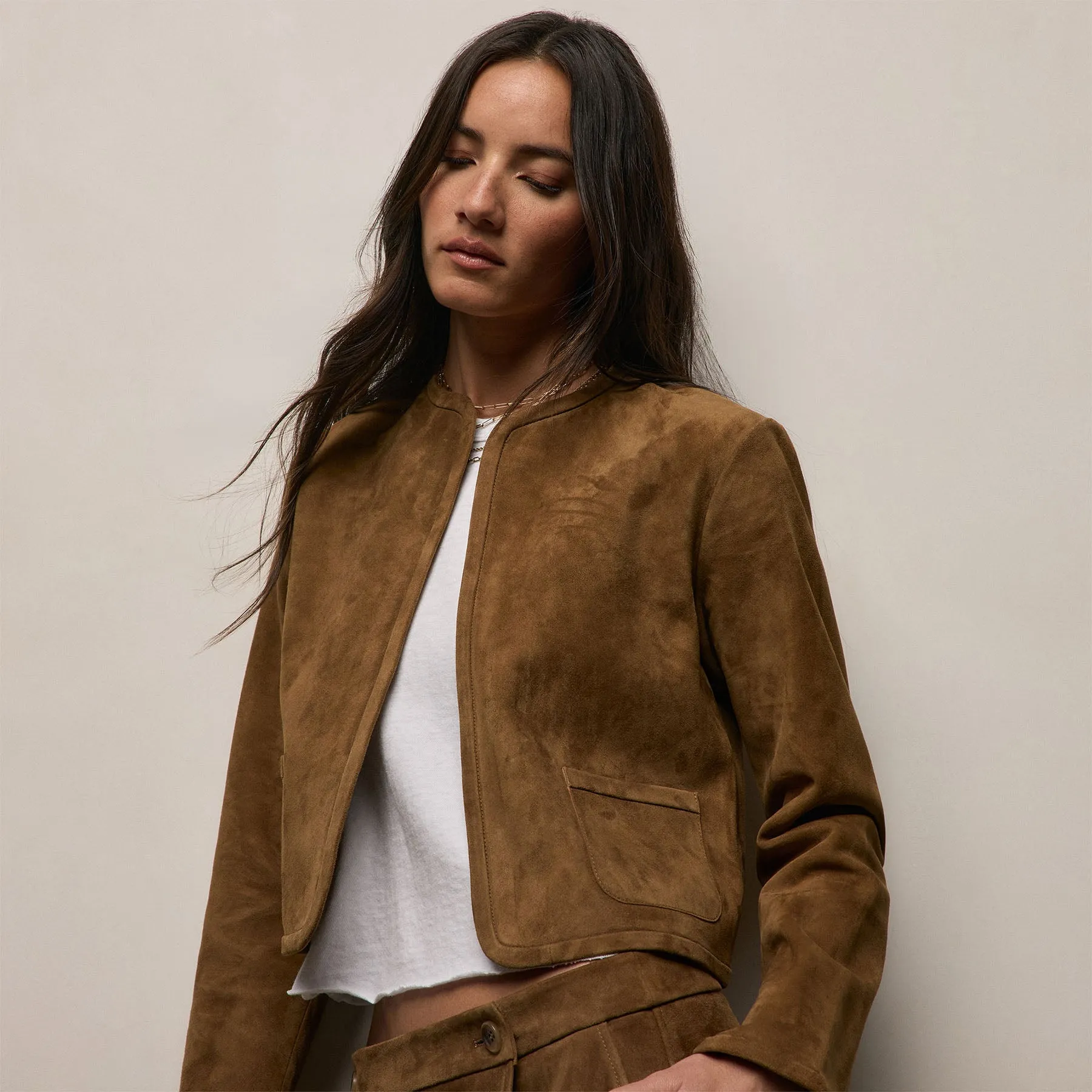 Suede Cropped Open Jacket - Tabacco sold by James Perse product image thumbnail 3