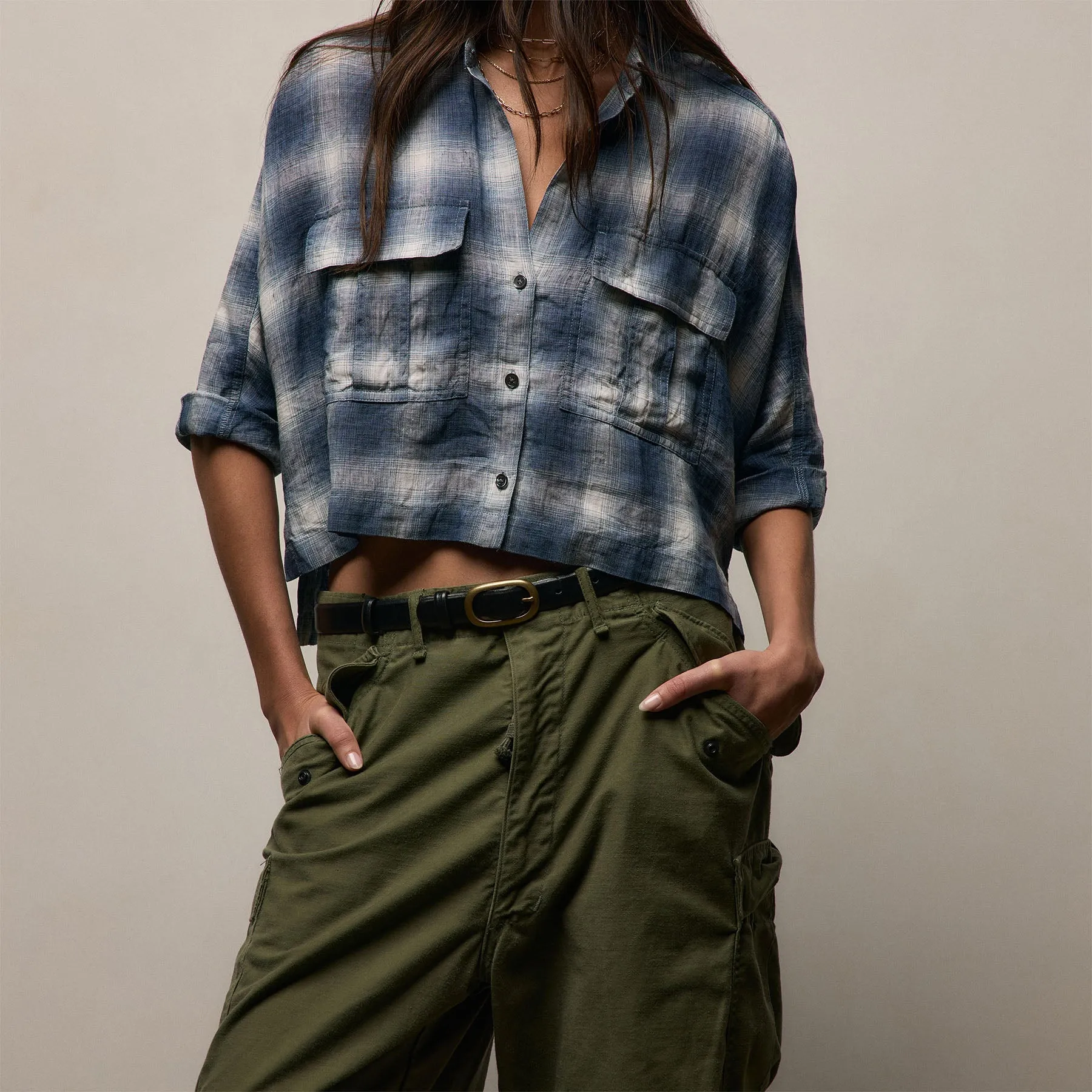 Plaid Linen Crop Shirt - Blue Plaid sold by James Perse product image thumbnail 4