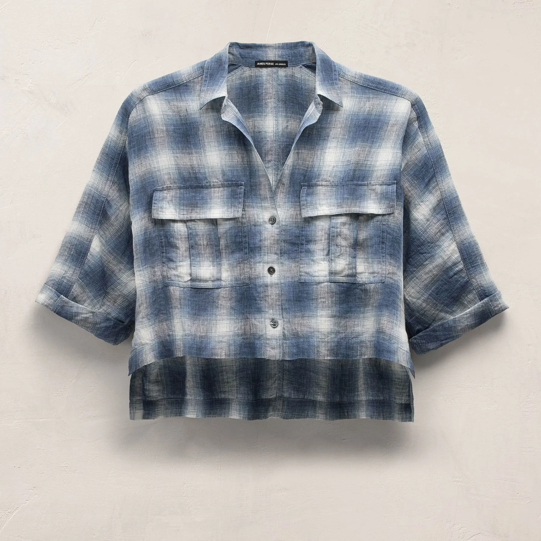 Plaid Linen Crop Shirt - Blue Plaid sold by James Perse product image thumbnail 2