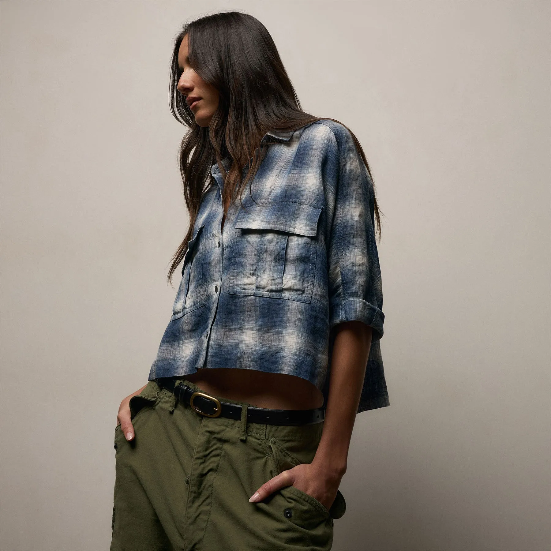Plaid Linen Crop Shirt - Blue Plaid sold by James Perse product image thumbnail 5