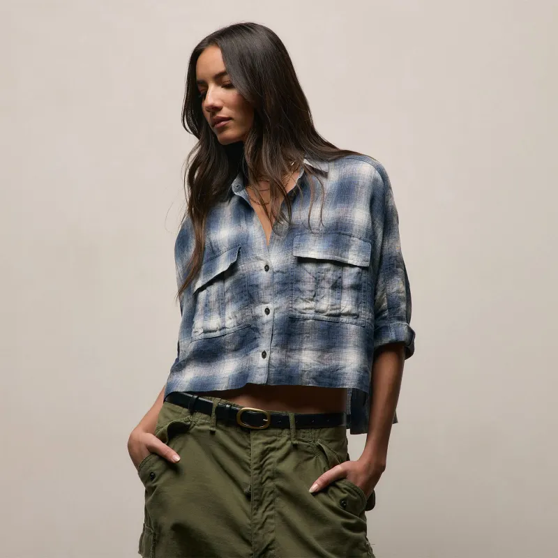 Plaid Linen Crop Shirt - Blue Plaid made by James Perse
