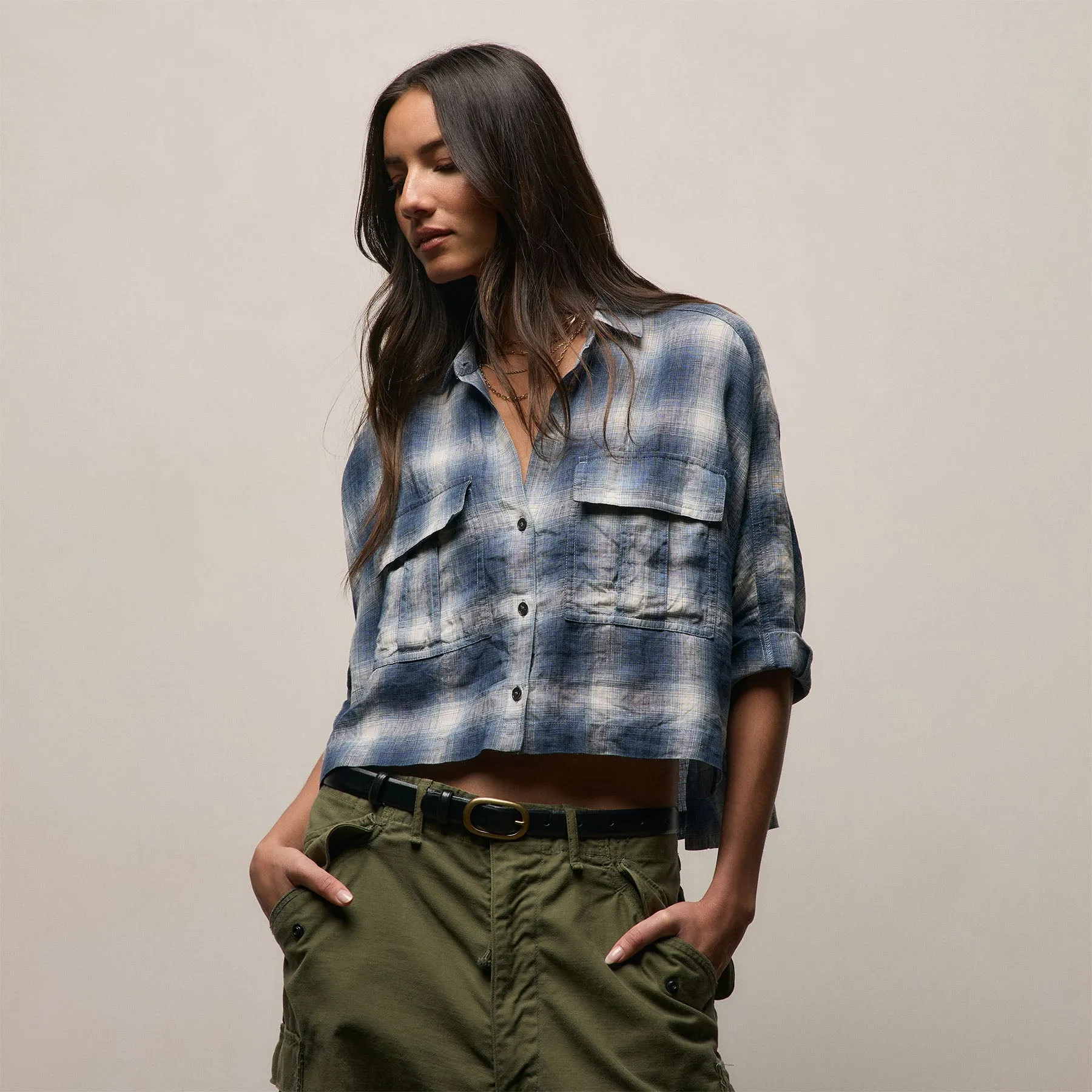 Plaid Linen Crop Shirt - Blue Plaid sold by James Perse