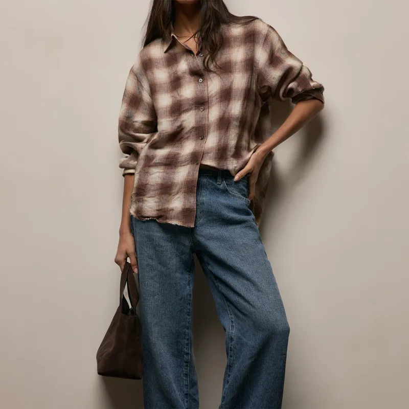 Plaid Linen Oversized Shirt - Chestnut Plaid made by James Perse