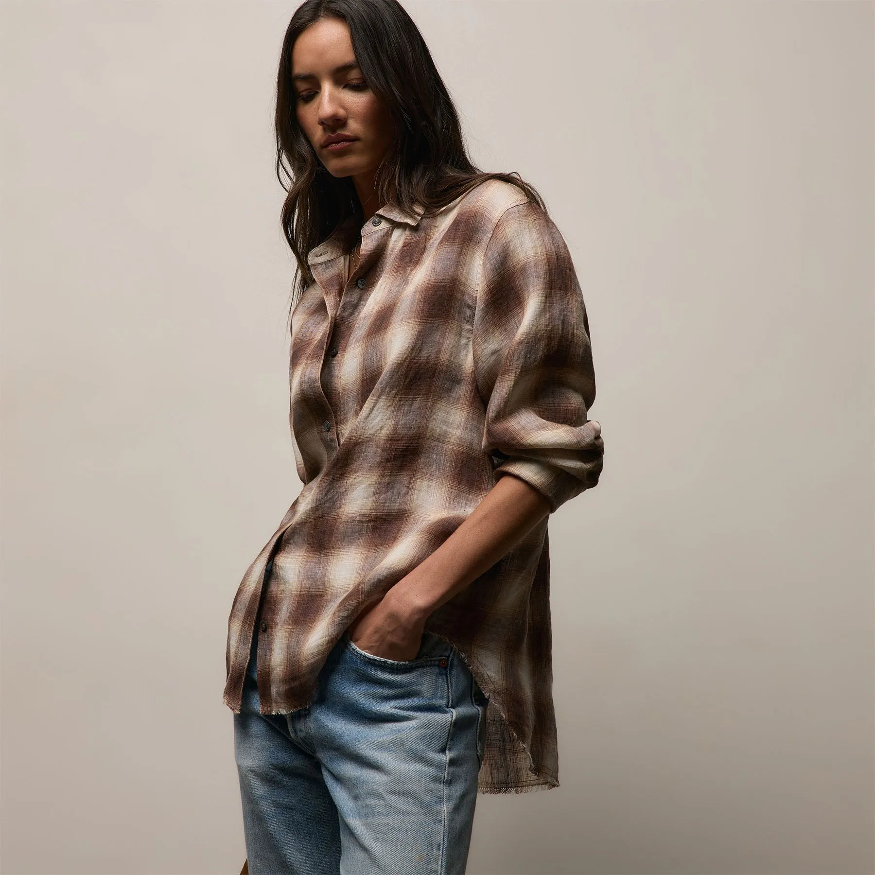 Plaid Linen Oversized Shirt - Chestnut Plaid sold by James Perse product image thumbnail 3