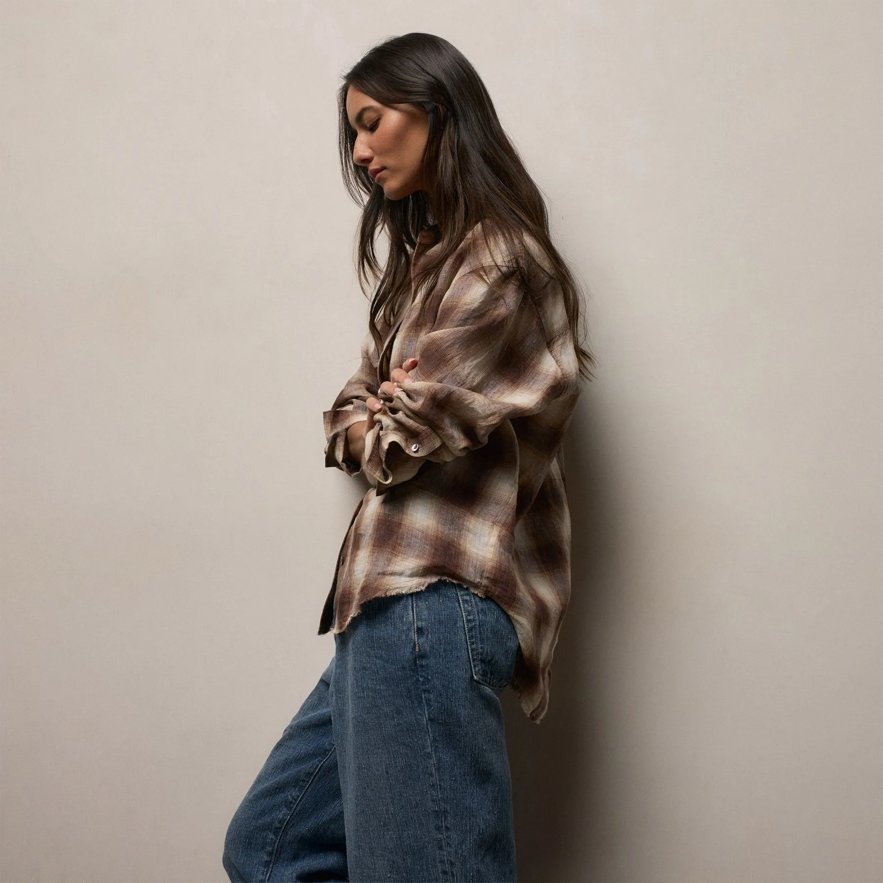 Plaid Linen Oversized Shirt - Chestnut Plaid sold by James Perse product image thumbnail 5