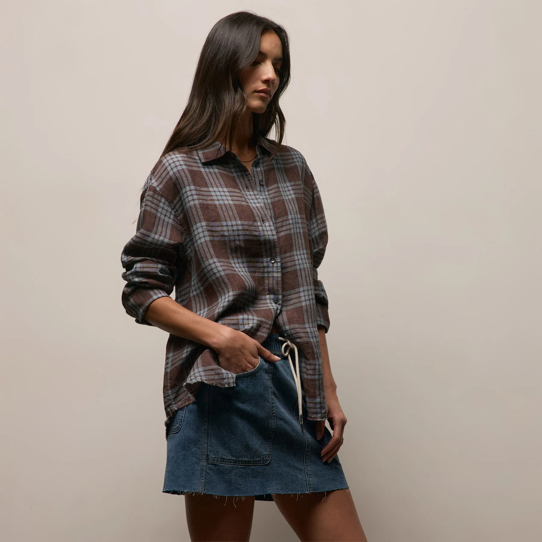 Plaid Linen Oversized Shirt - Plum Plaid sold by James Perse