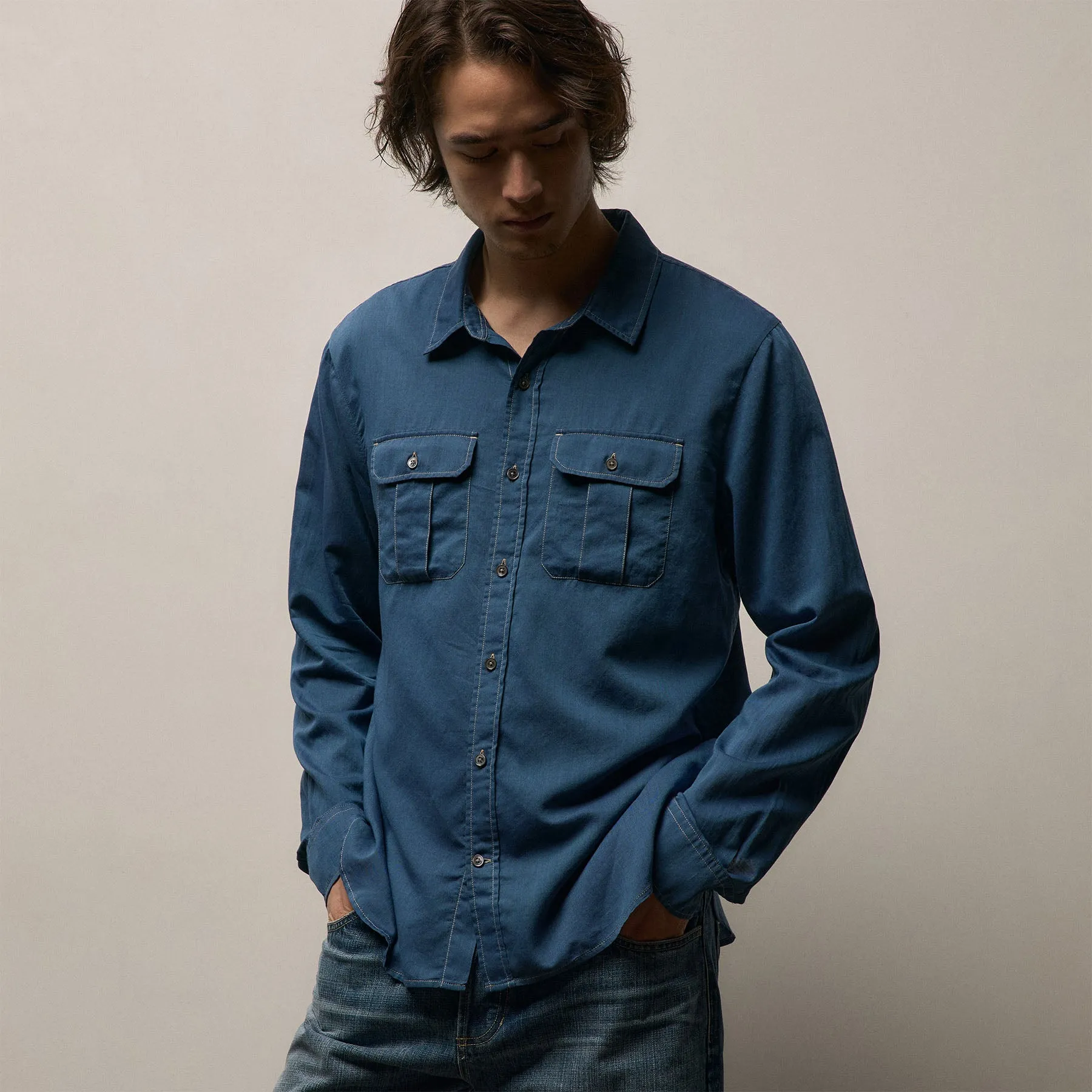 Featherweight Denim Utility Shirt - Medium Wash sold by James Perse