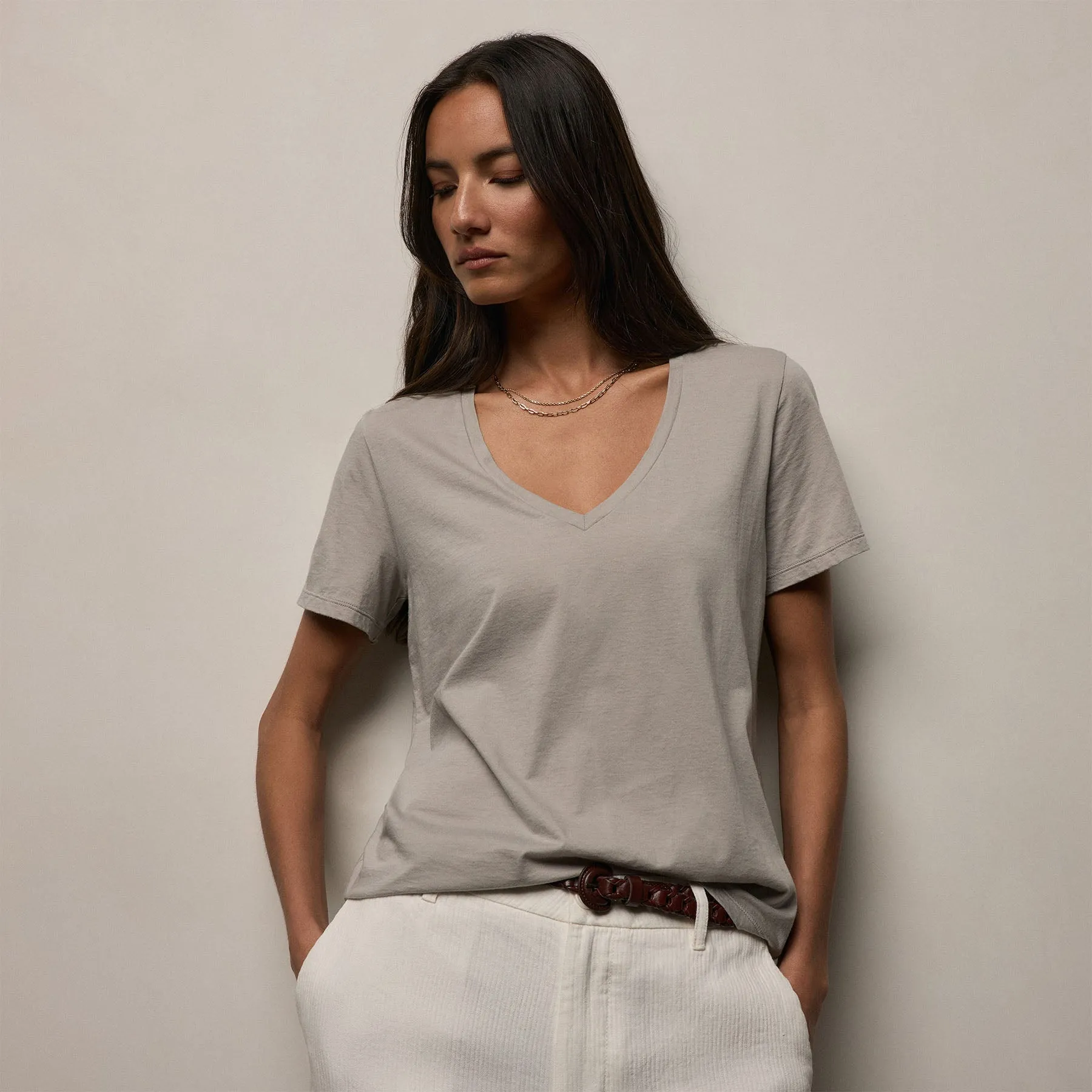 Luxe Lotus Jersey V Neck - Fog sold by James Perse