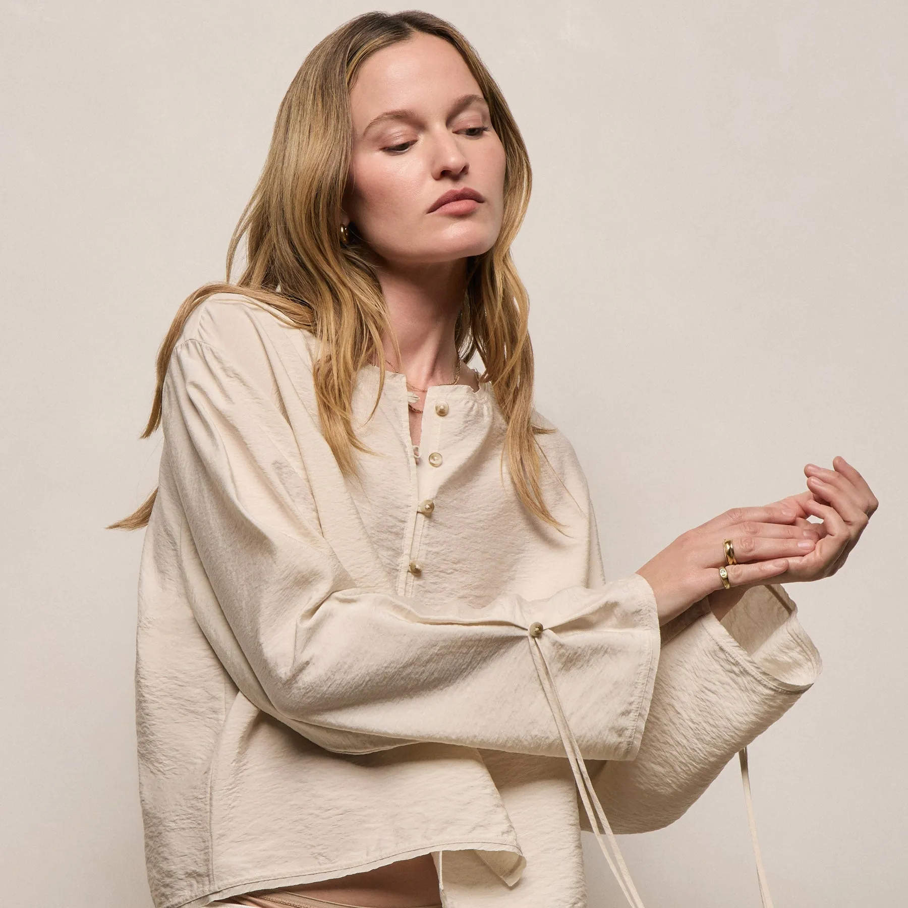 Modal Silk Blend Tie Up Blouse - Parchment sold by James Perse
