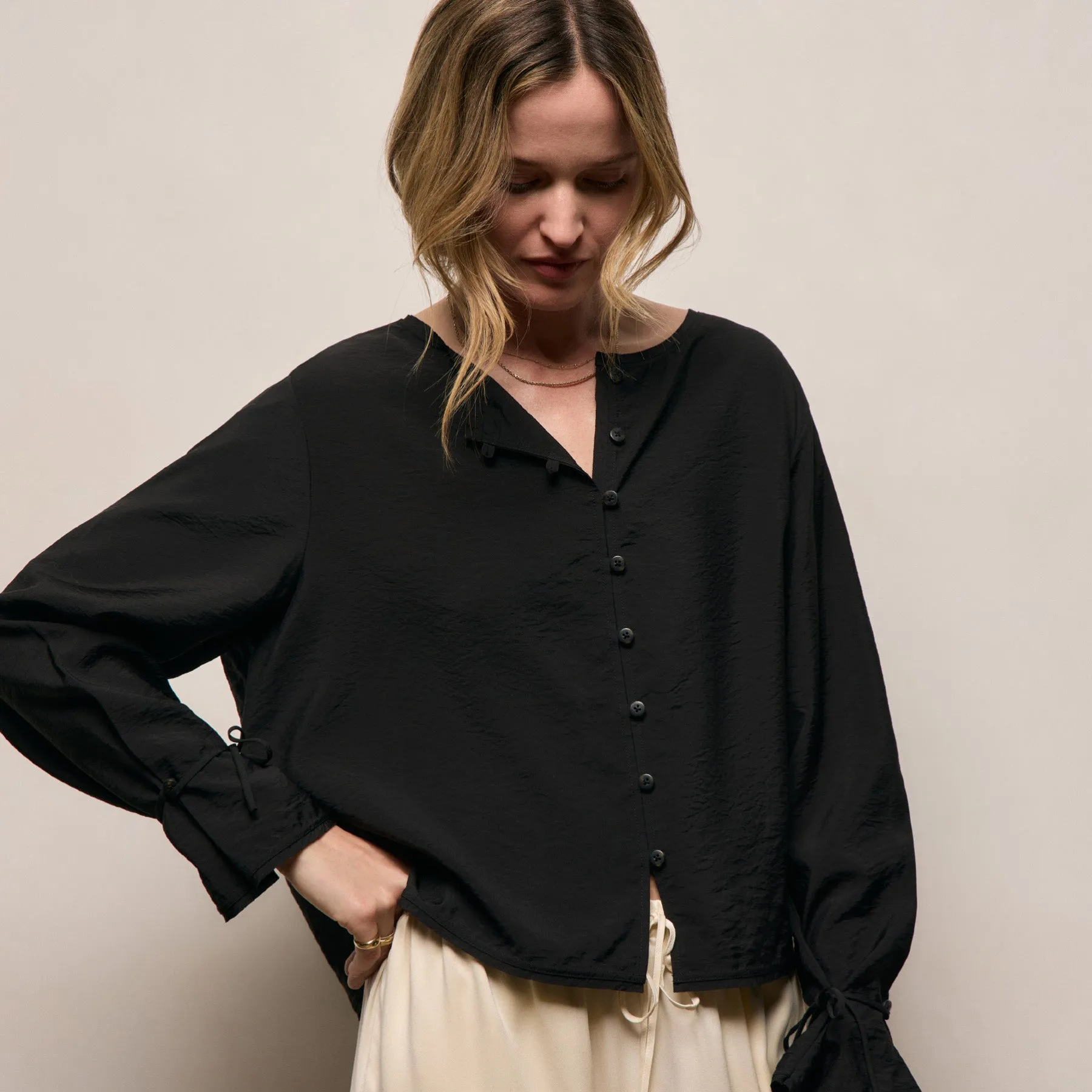 Modal Silk Blend Tie Up Blouse - Black sold by James Perse
