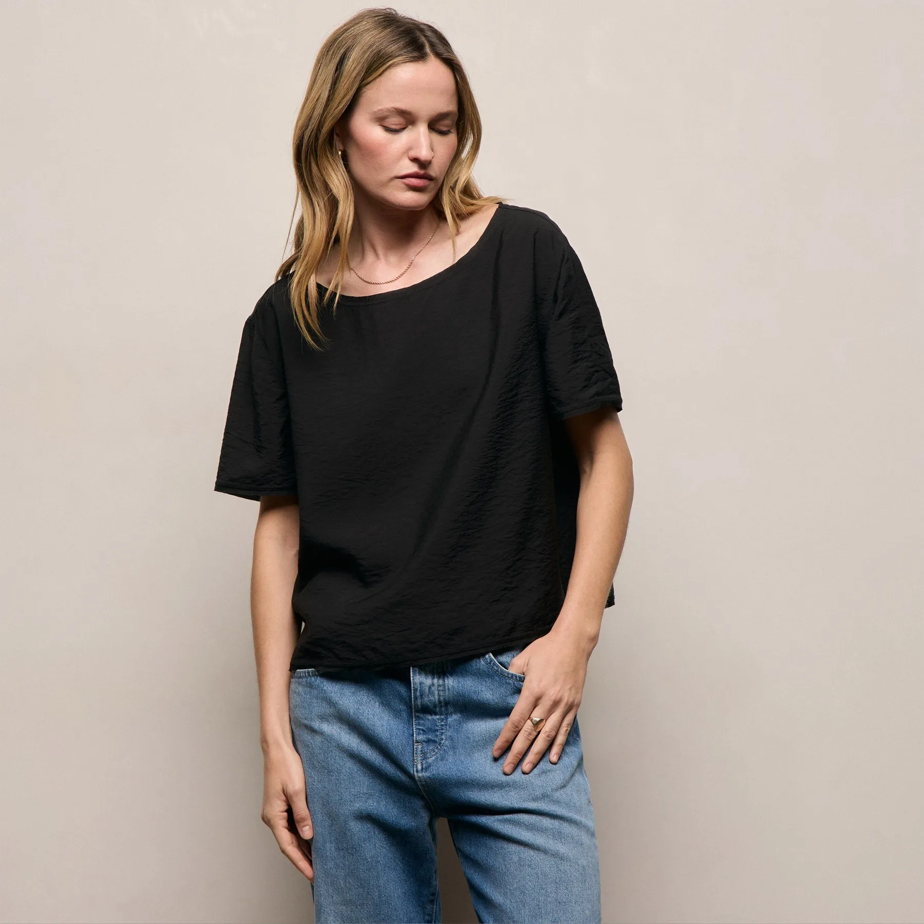 Modal Silk Blend Drop Shoulder Blouse - Black sold by James Perse
