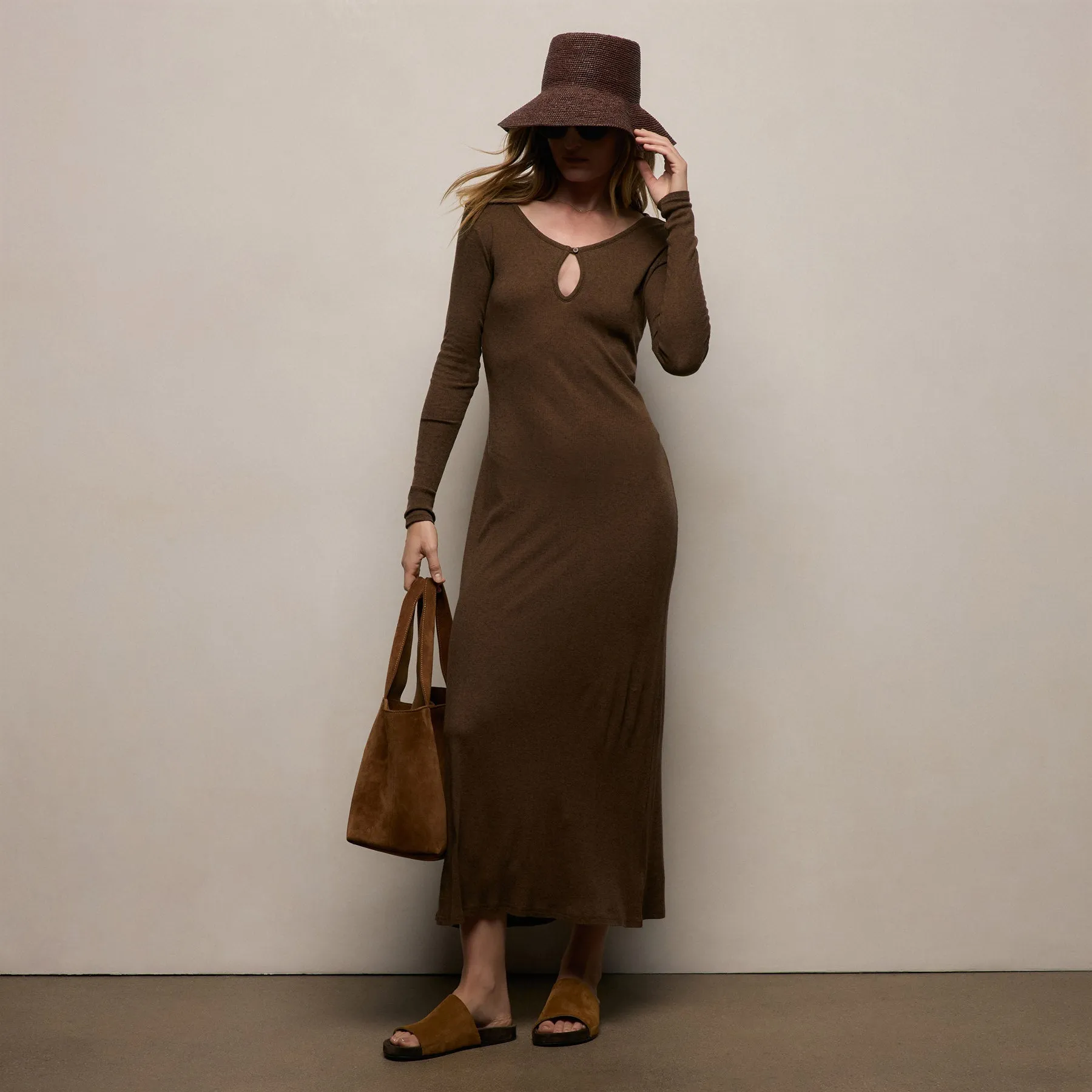 Cotton Cashmere Rib Keyhole Dress - Brown sold by James Perse product image thumbnail 3