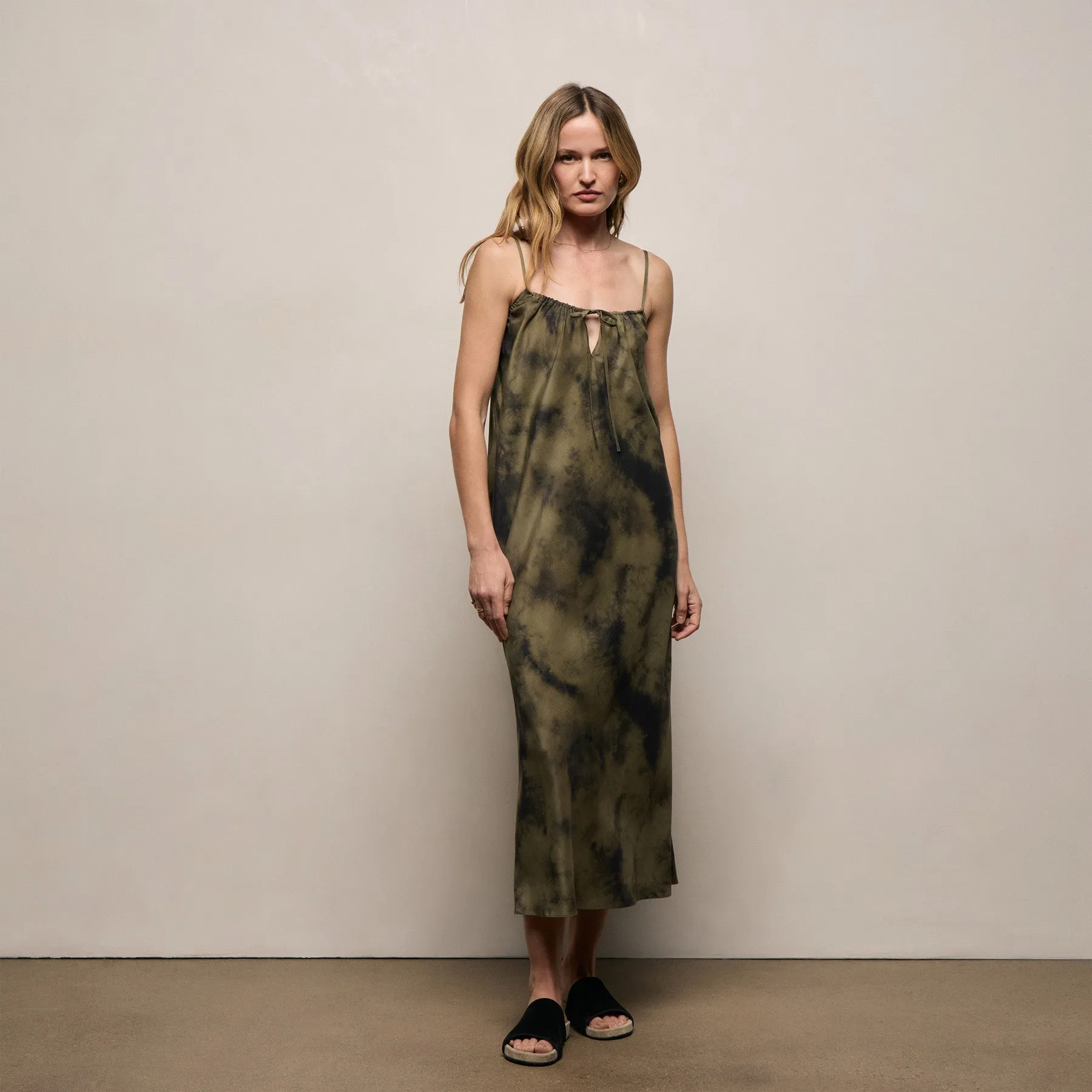 Printed Washed Silk Strappy Cami Dress - Tie Dye Green sold by James Perse