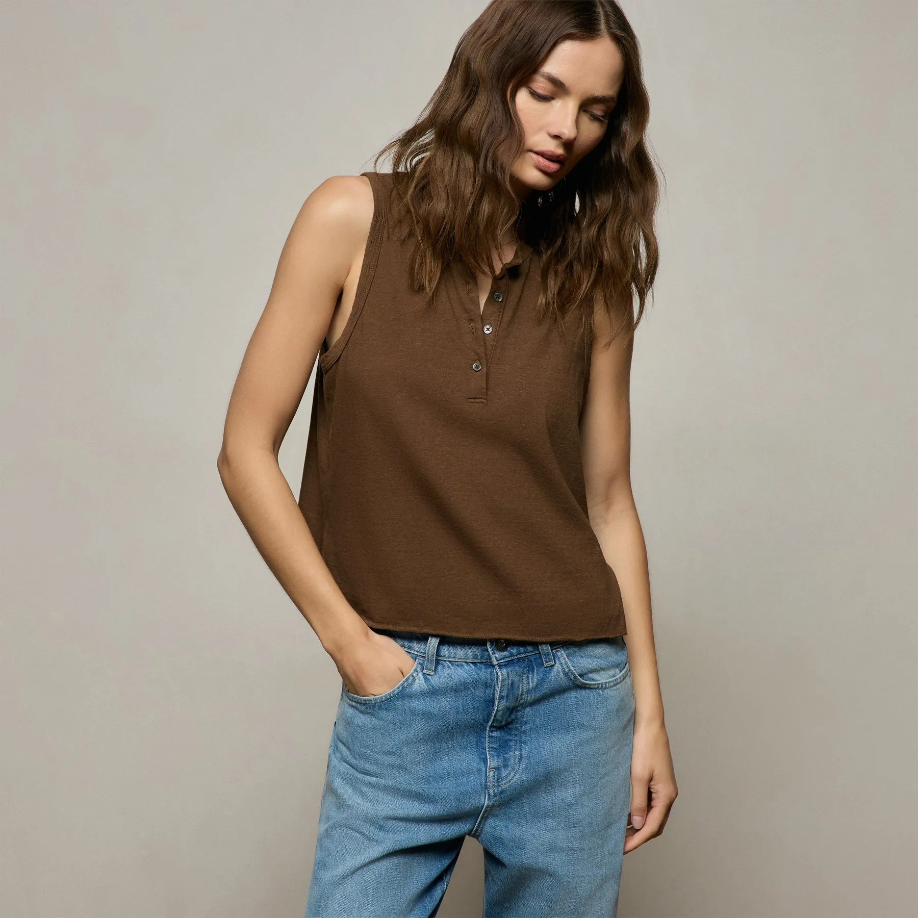 Slub Jersey Henley Tank - Cocoa sold by James Perse product image thumbnail 4