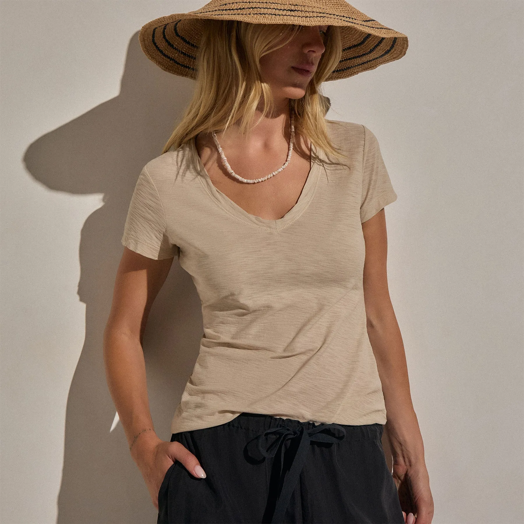 Sheer Slub V Neck - Stone sold by James Perse