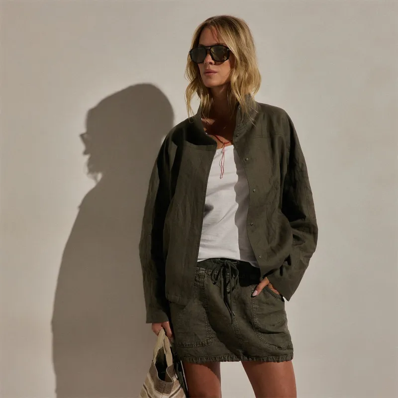 Linen Funnel Neck Jacket - Army Green made by James Perse