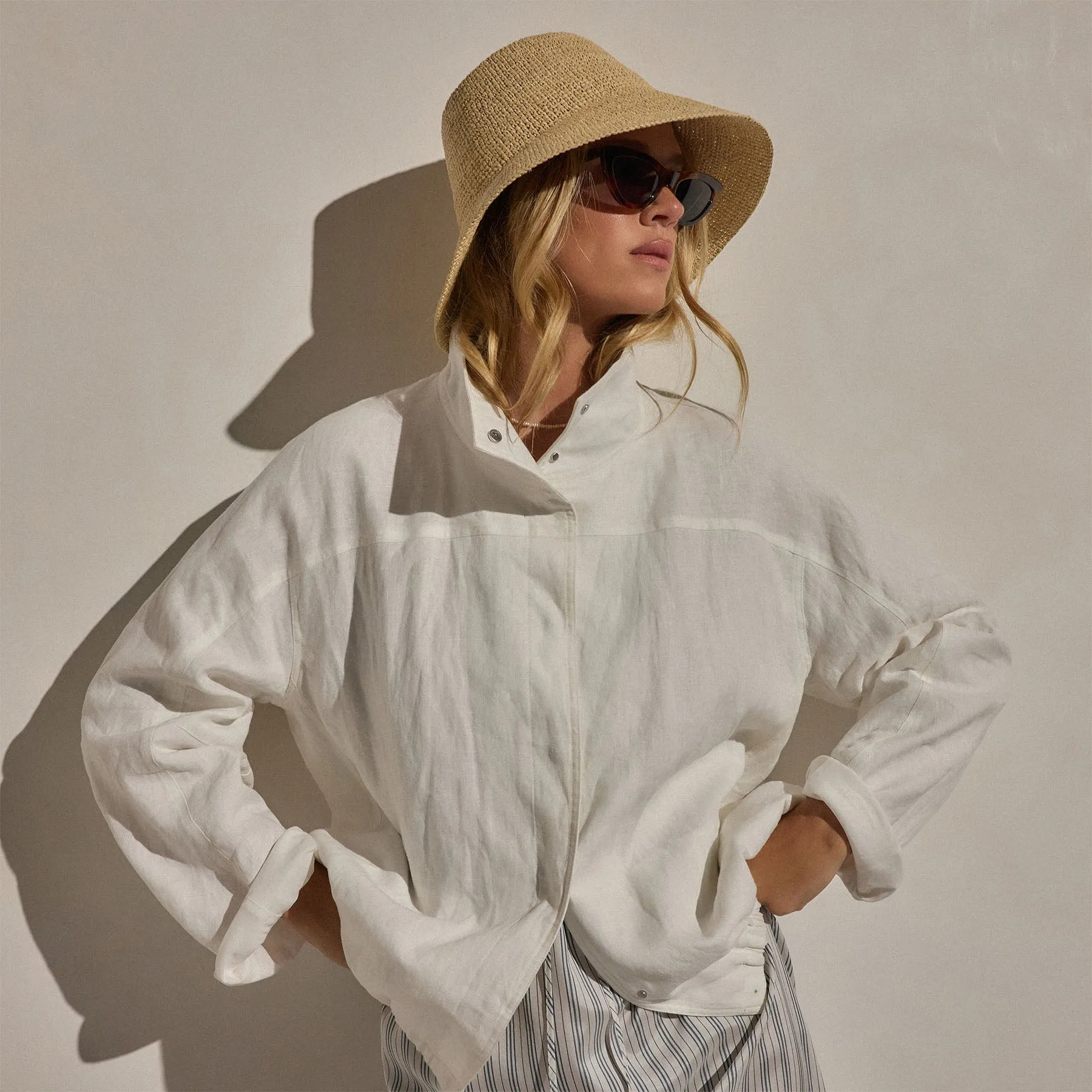 Linen Funnel Neck Jacket - White sold by James Perse