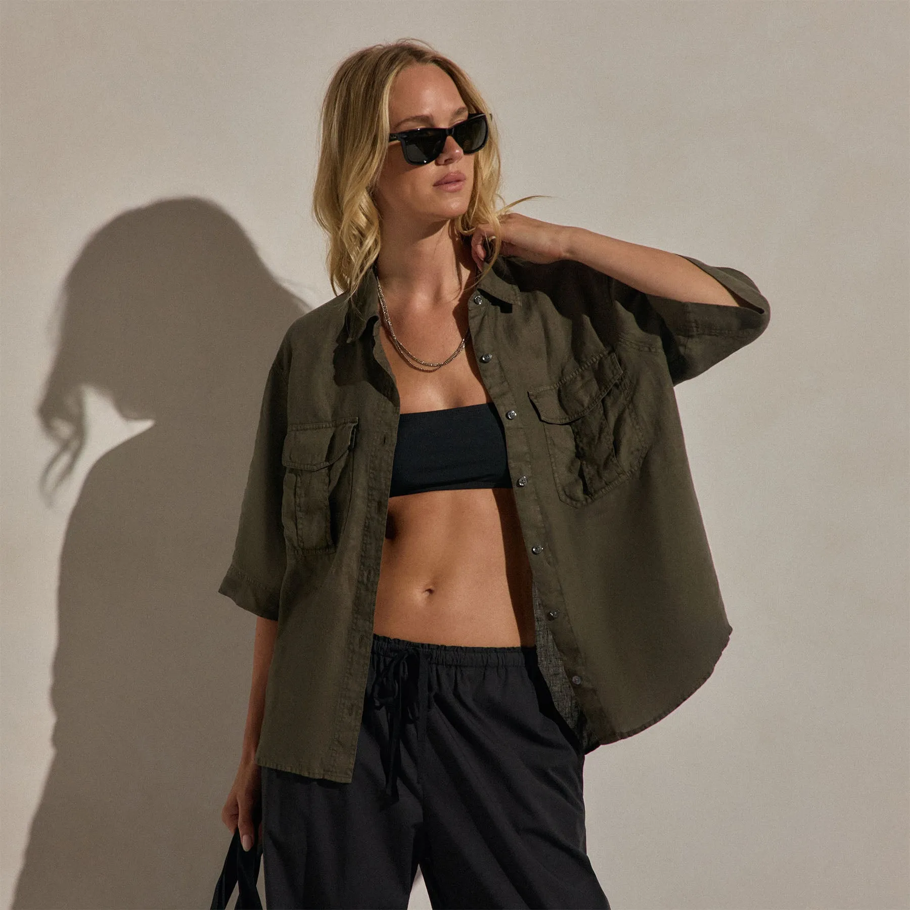 Linen Short Sleeve Utility Shirt - Army Green Pigment sold by James Perse